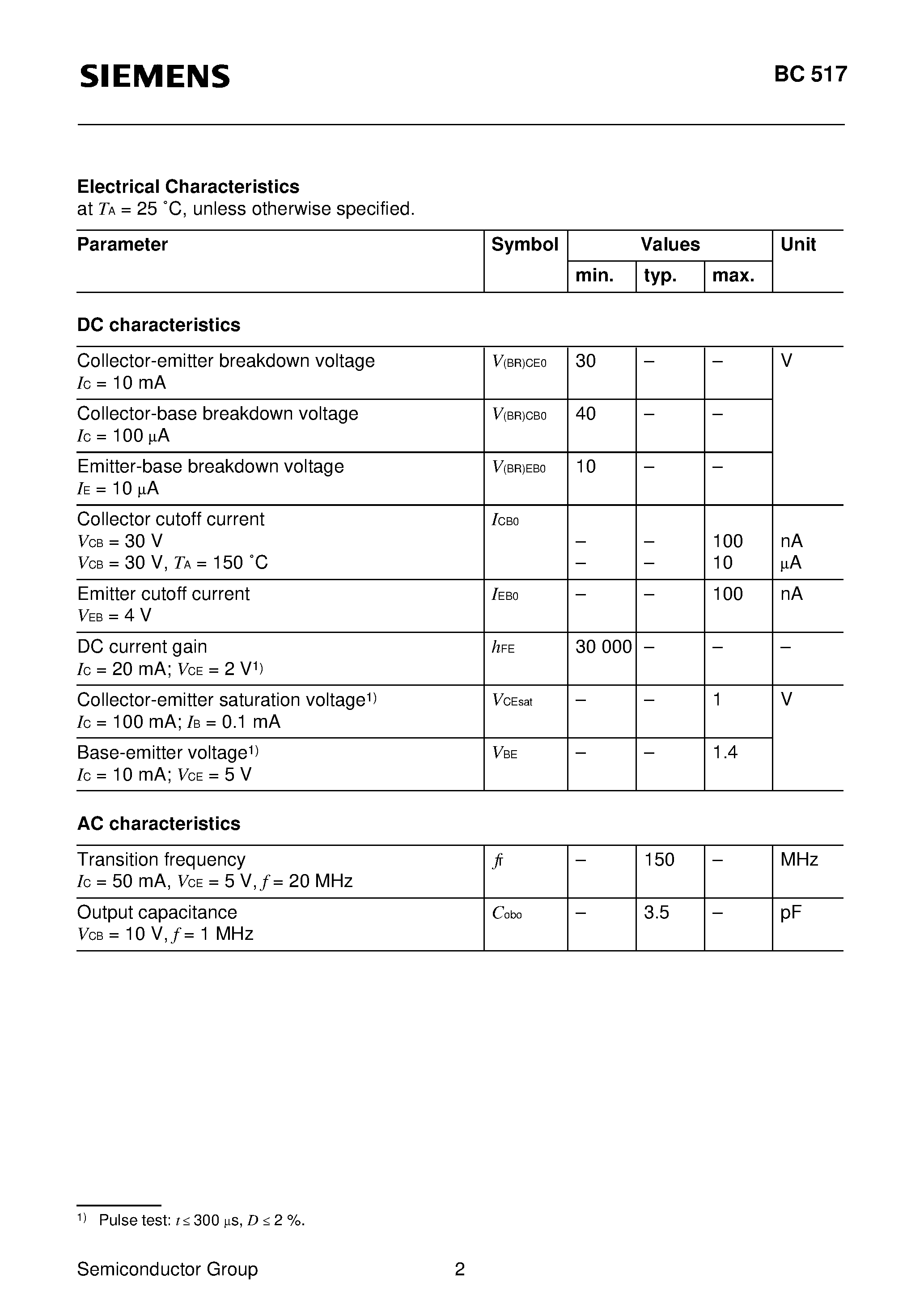 Datasheet BC517 page 2 Datasheet BC517 - EPITAXIAL PLANAR NPN TRANSISTOR (GENERAL PURPOSE HIGH DARLINGTON TRANSISTOR) page 2
