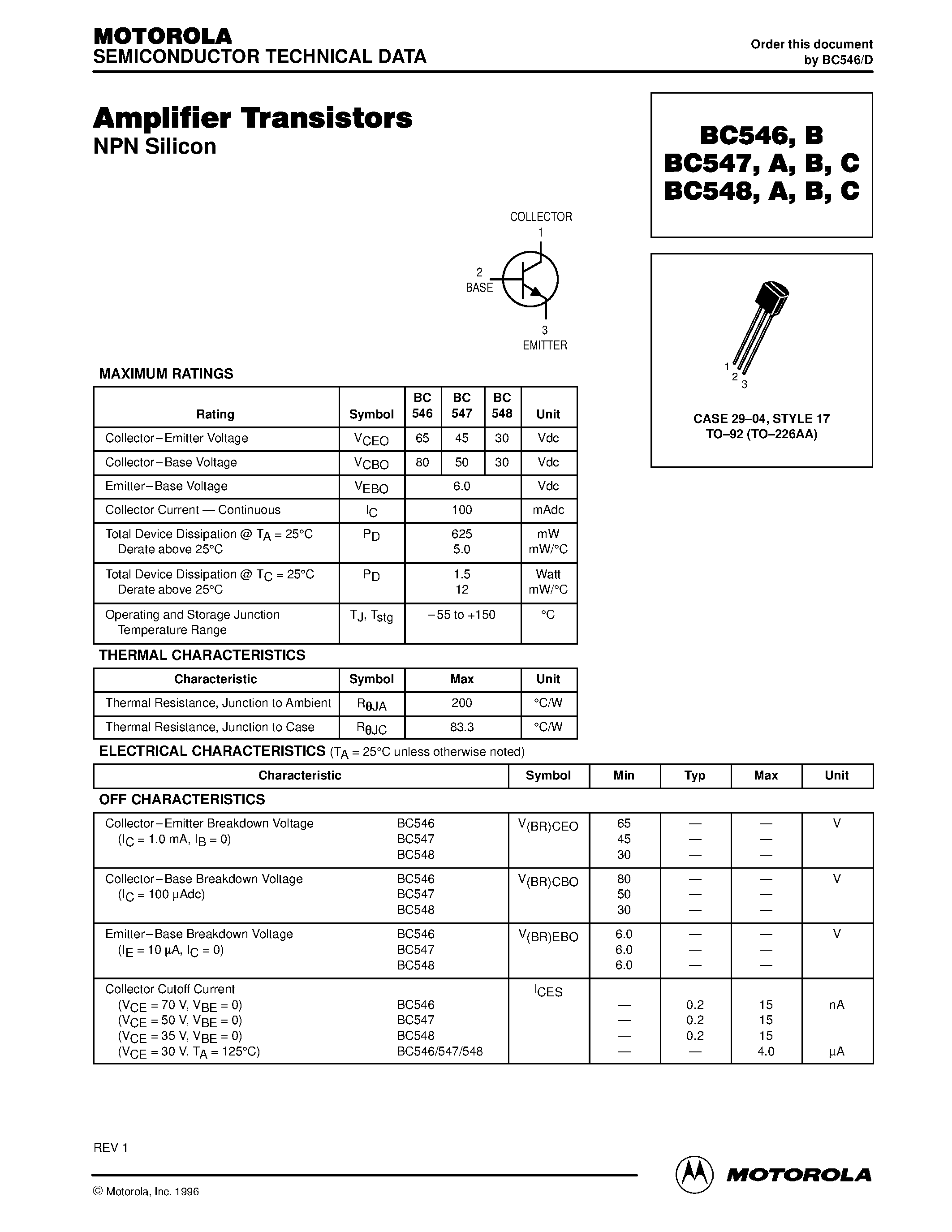 Даташит BC546 - NPN general purpose transistors страница 1