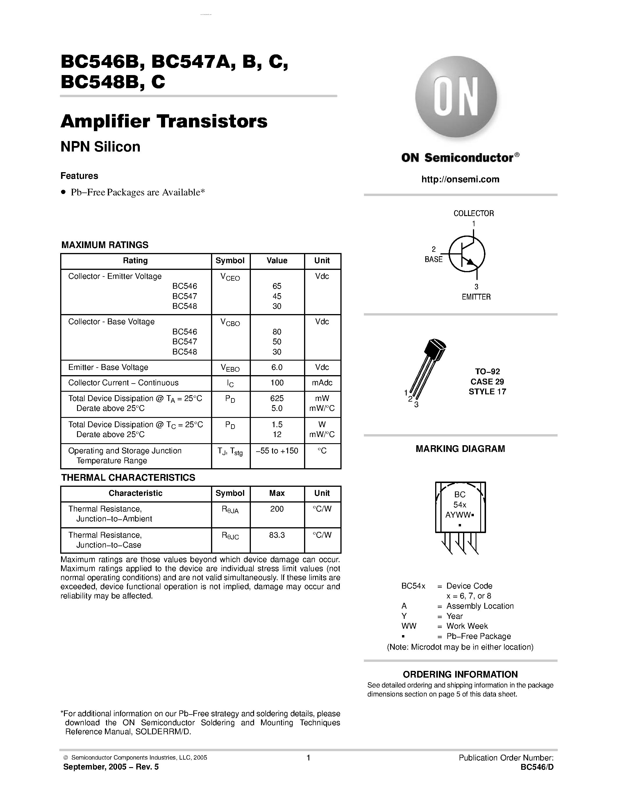 Даташит BC546B - Amplifier Transistors(NPN Silicon) страница 1