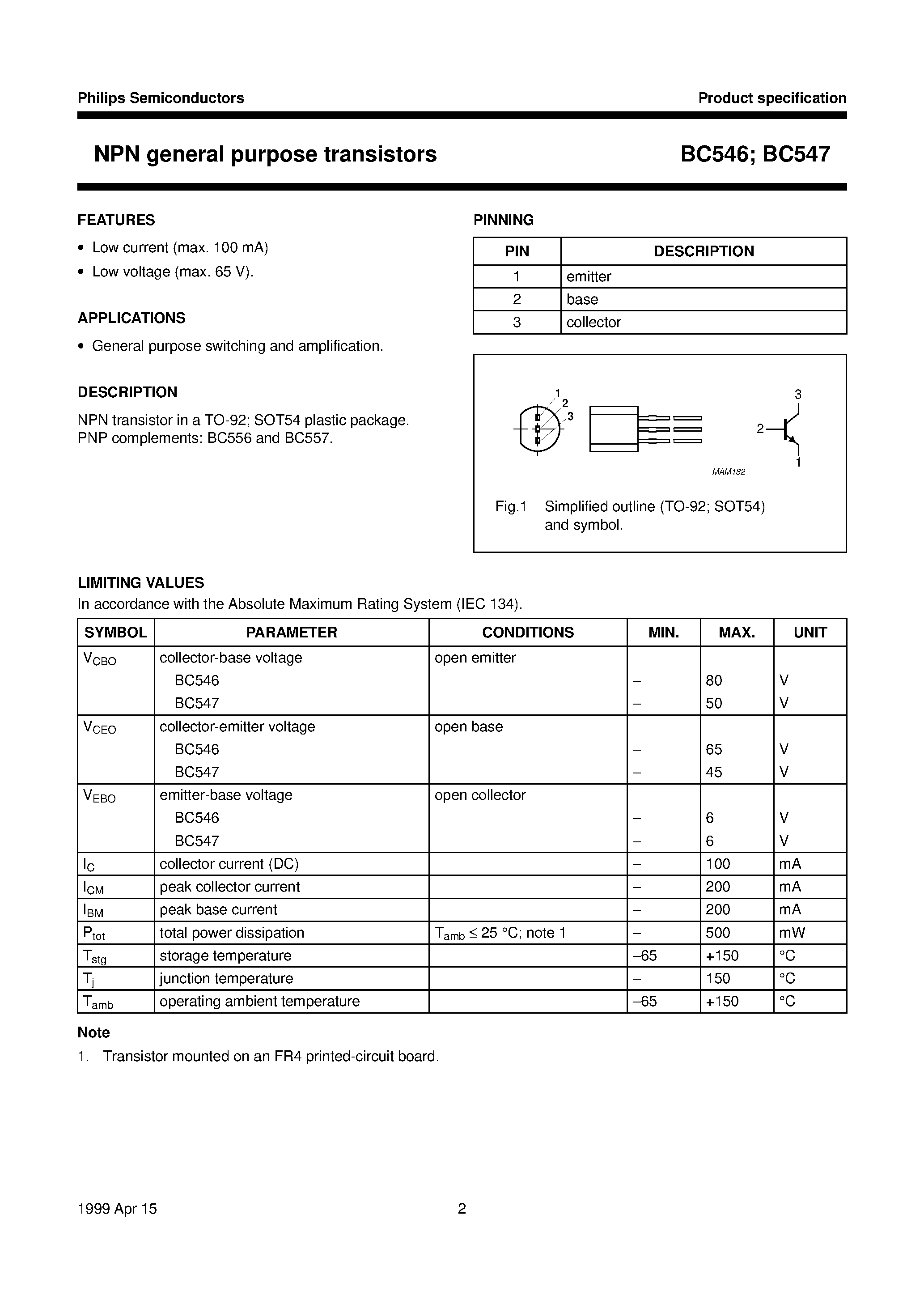 Даташит BC547 - NPN general purpose transistors страница 2