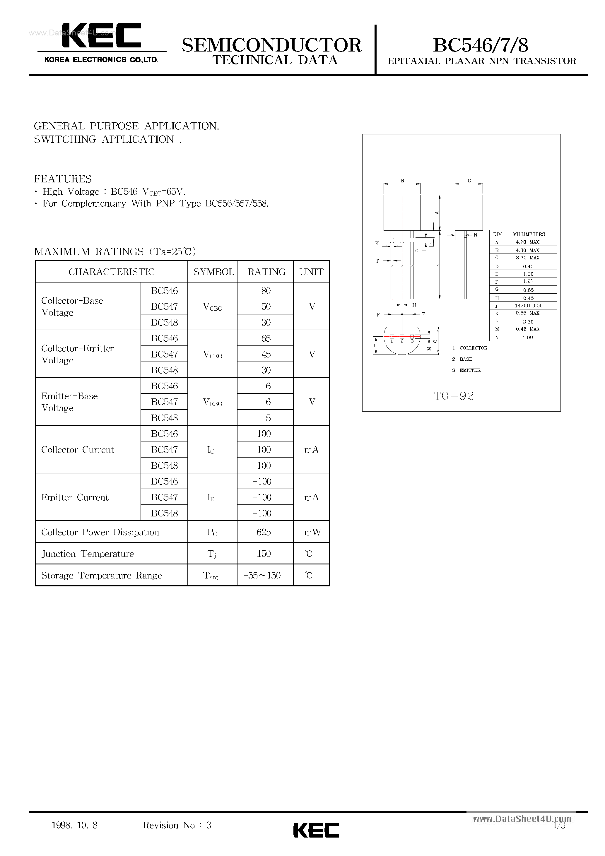 Даташит на микросхему BC547 страница 1 Даташит BC547 - EPITAXIAL PLANAR NPN TRANSISTOR (GENERAL PURPOSE/ SWITCHING) страница 1