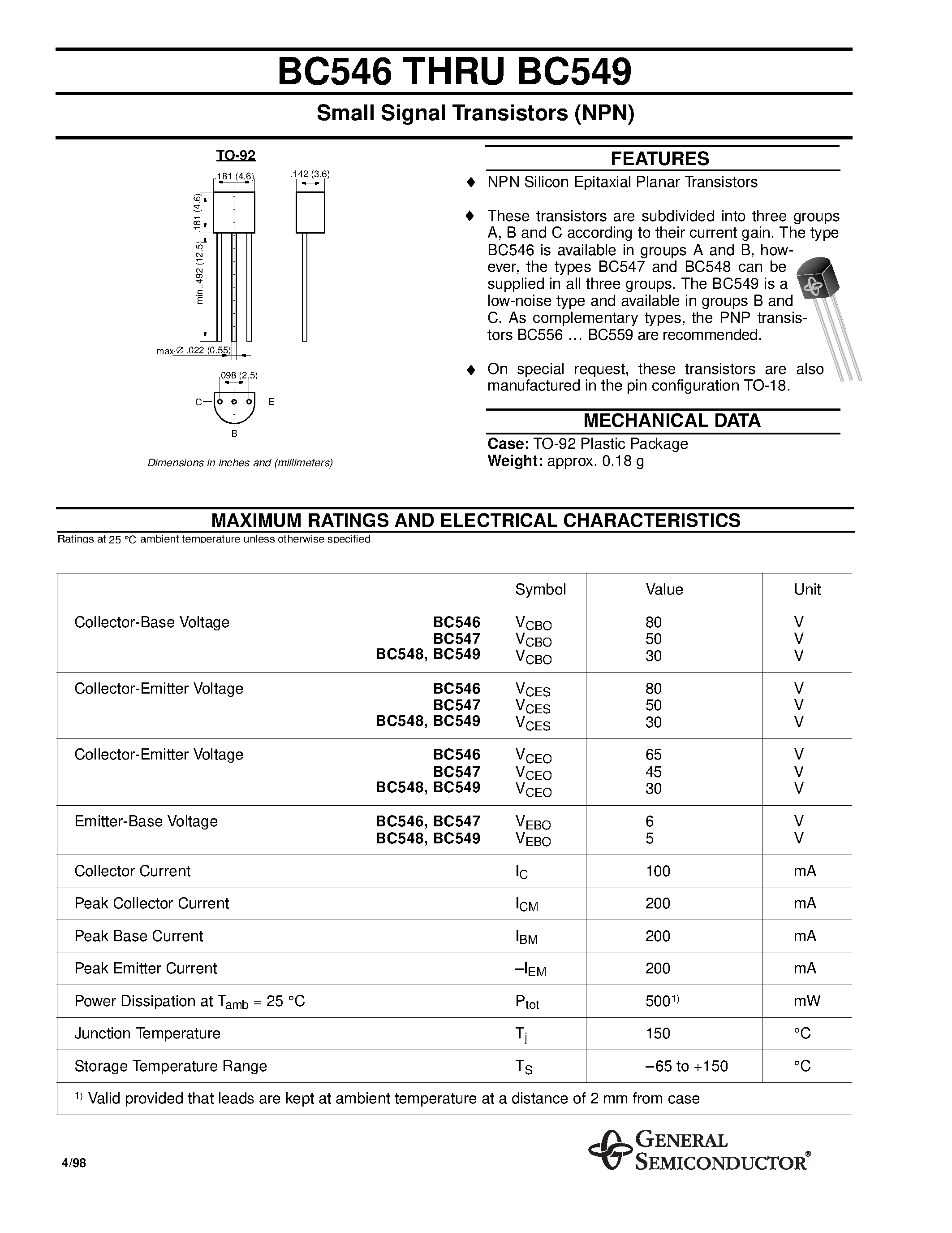 Даташит BC547 - Small Signal Transistors (NPN) страница 1