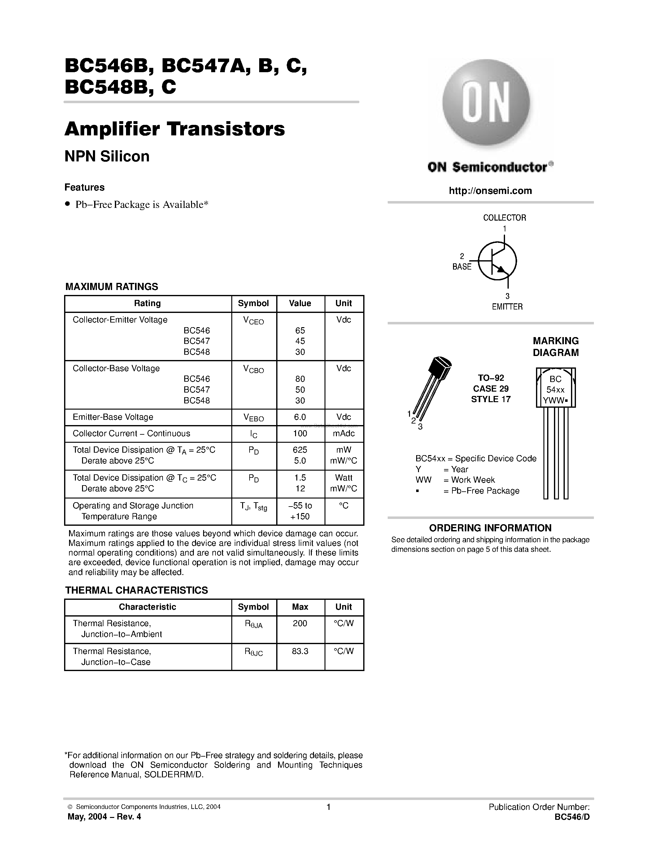Даташит BC547A - Amplifier Transistors(NPN Silicon) страница 1