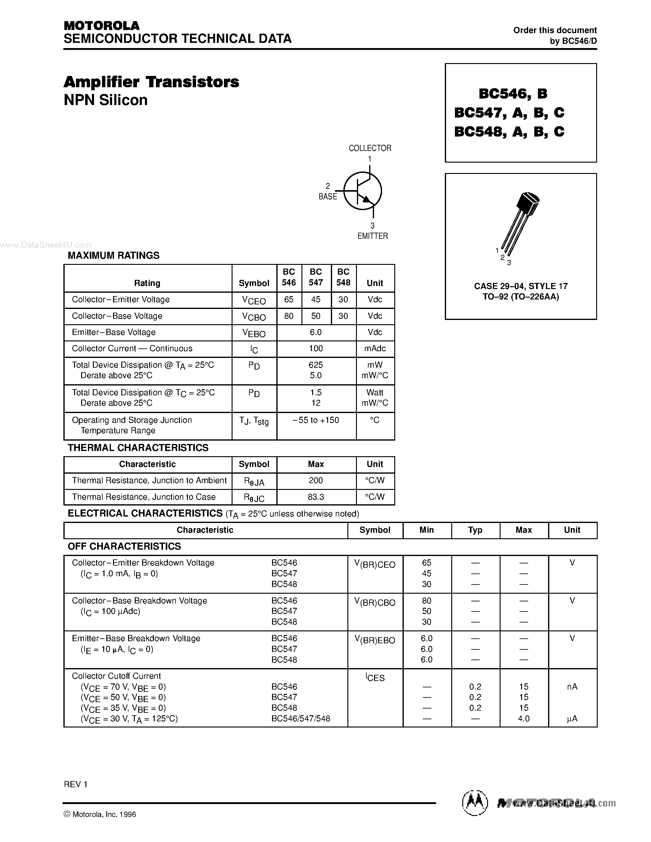 Даташит BC547B - Amplifier Transistors страница 1