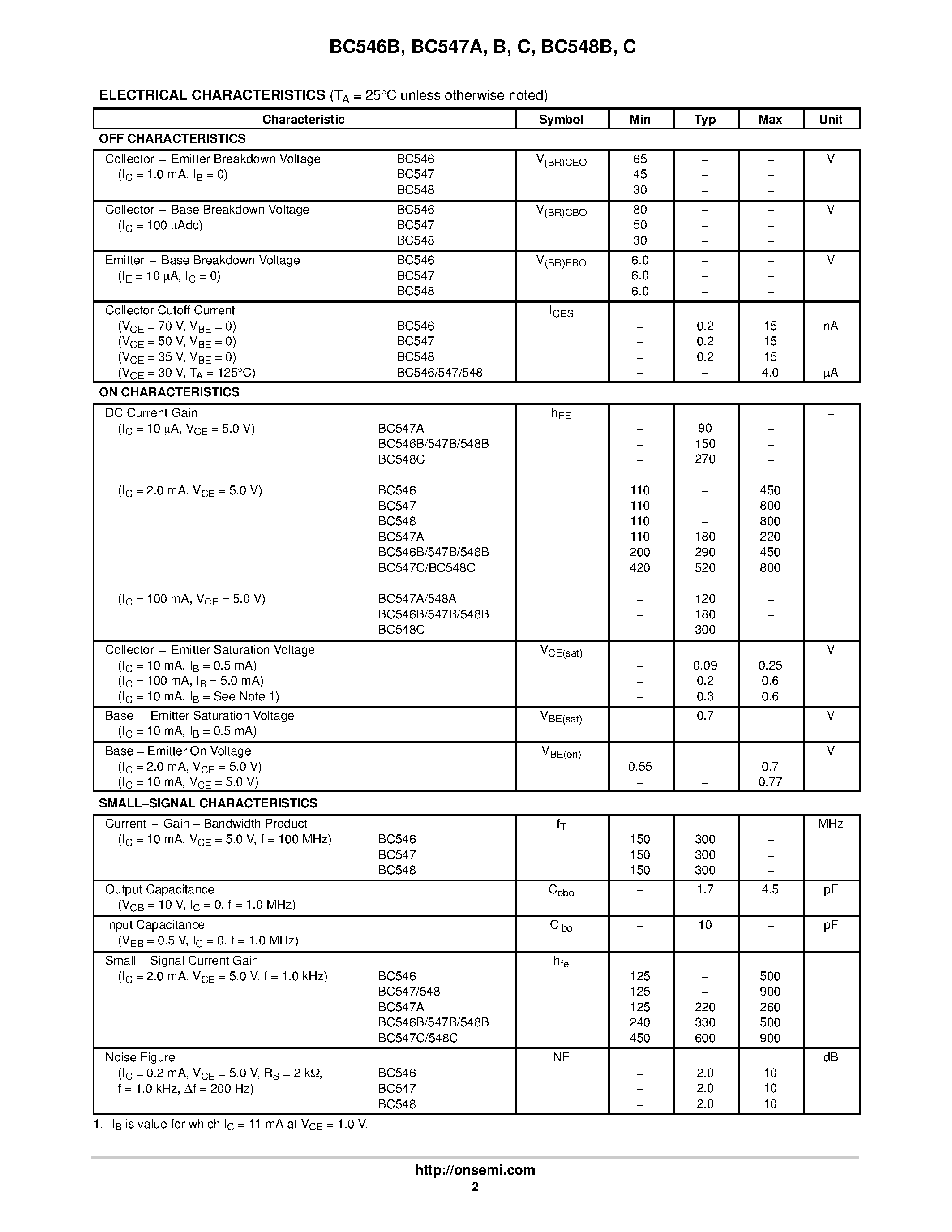Даташит BC548B - Amplifier Transistors(NPN Silicon) страница 2