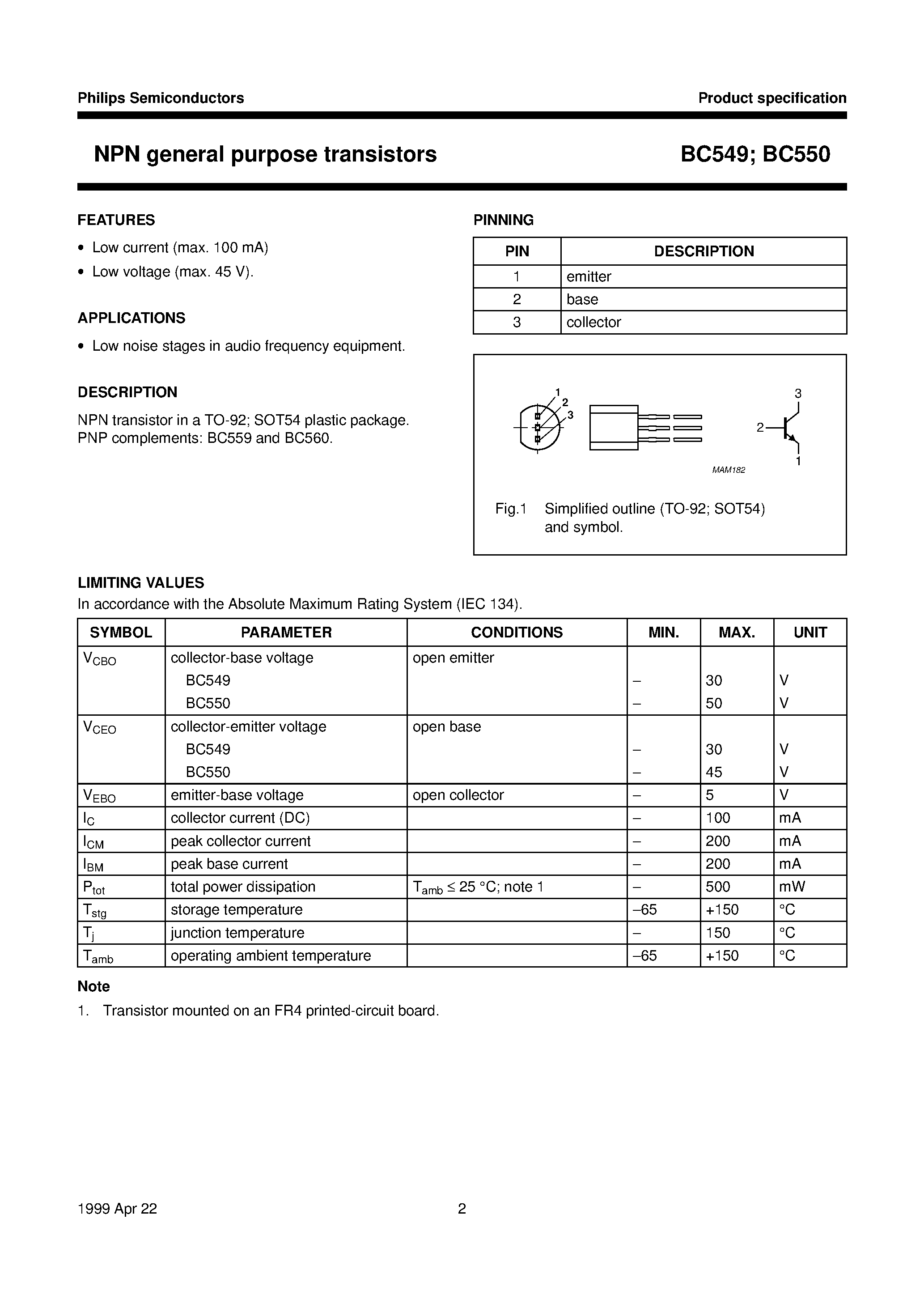 Даташит BC550C - NPN general purpose transistors страница 2
