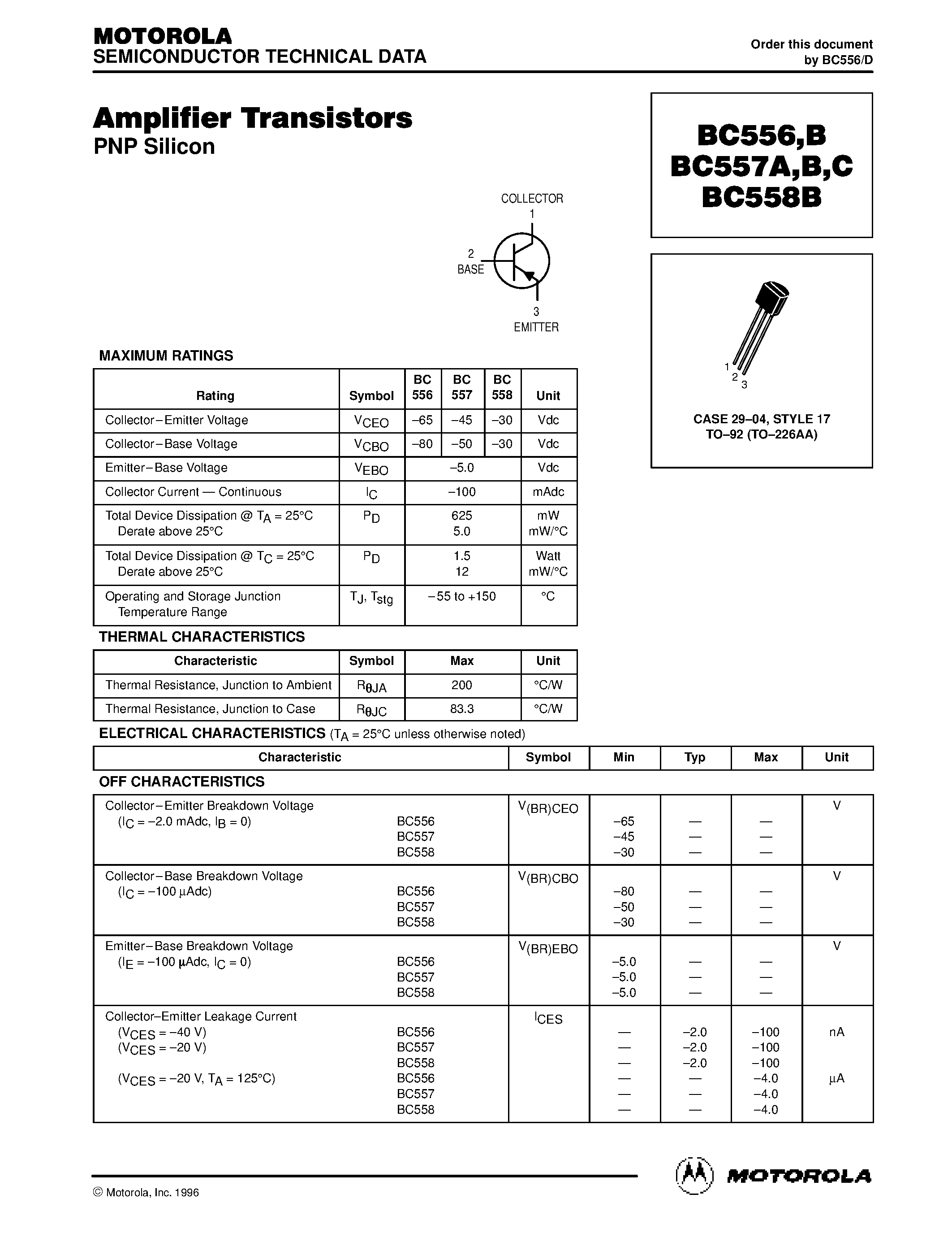 Даташит BC556 - Amplifier Transistors страница 1