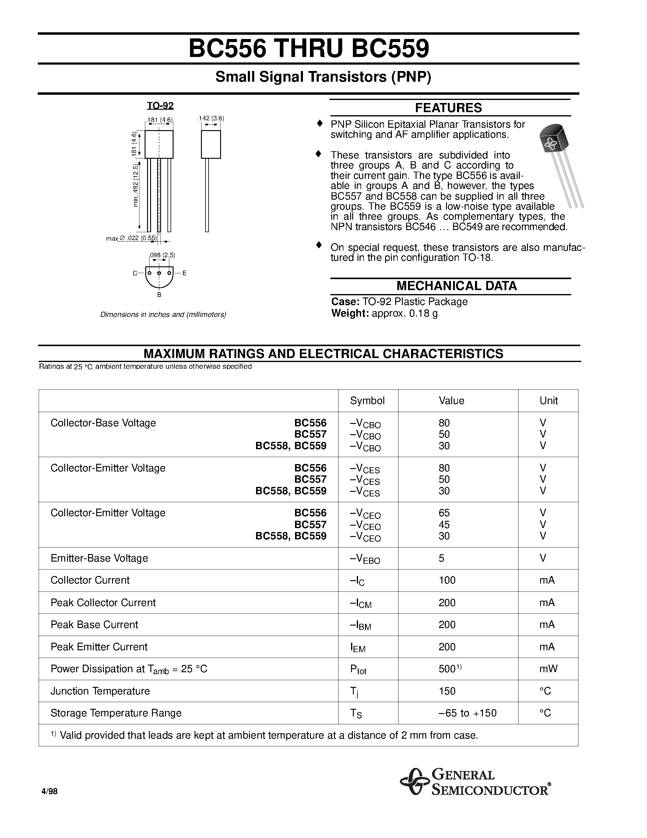 Даташит BC556 - Small Signal Transistors (PNP) страница 1