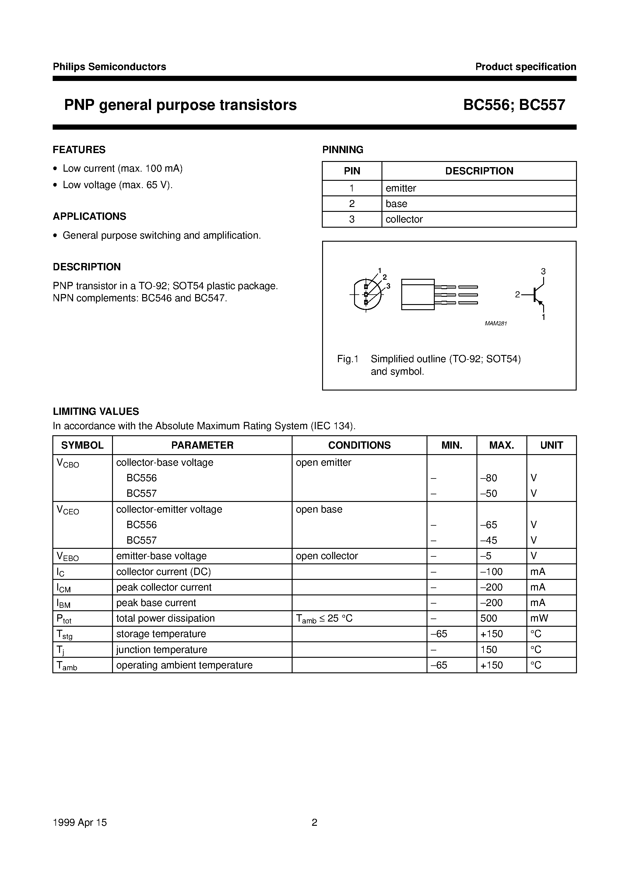 Даташит BC557 - PNP general purpose transistors страница 2