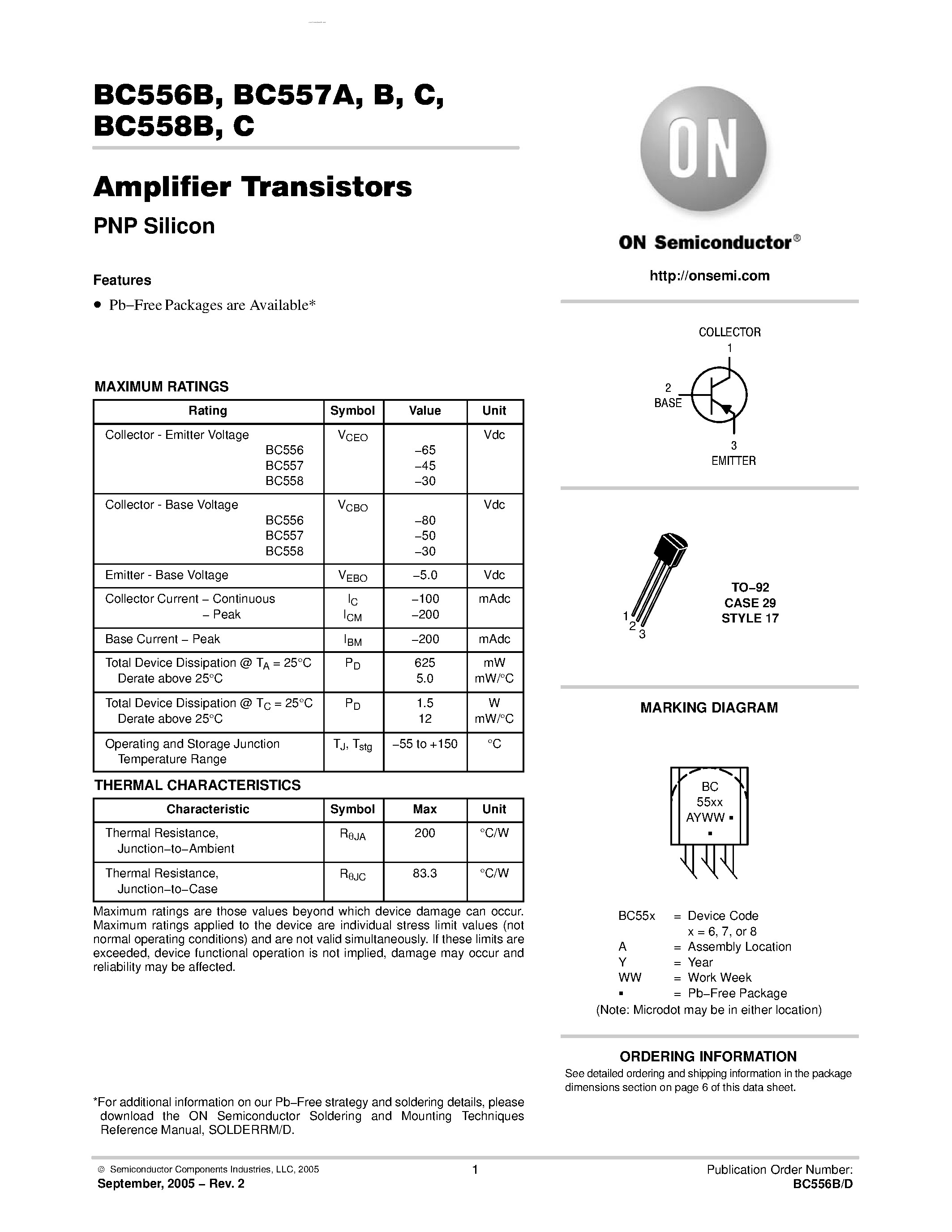 Даташит BC557C - Amplifier Transistors(PNP Silicon) страница 1