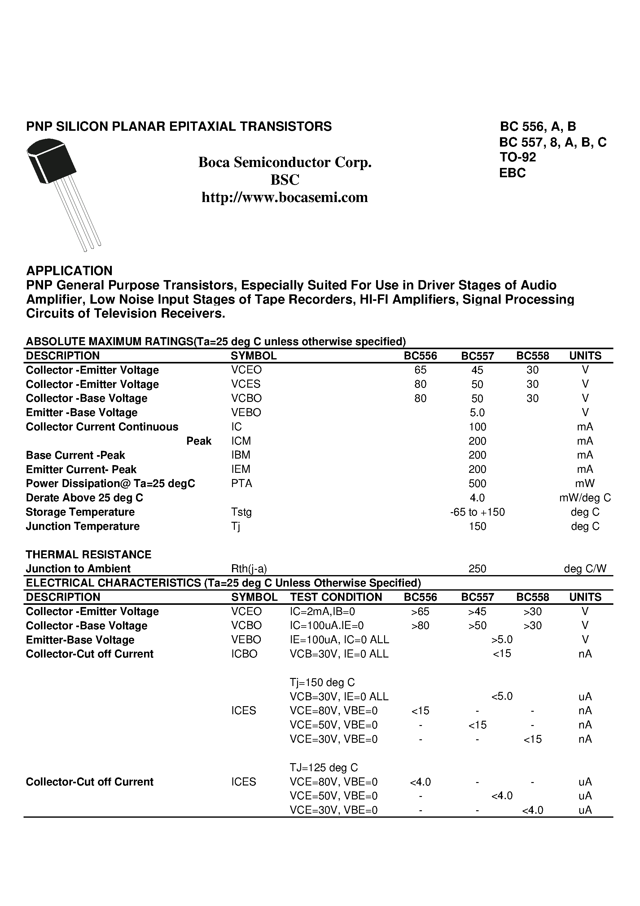 Даташит BC557C - PNP SILICON PLANAR EPITAXIAL TRANSISTORS страница 1
