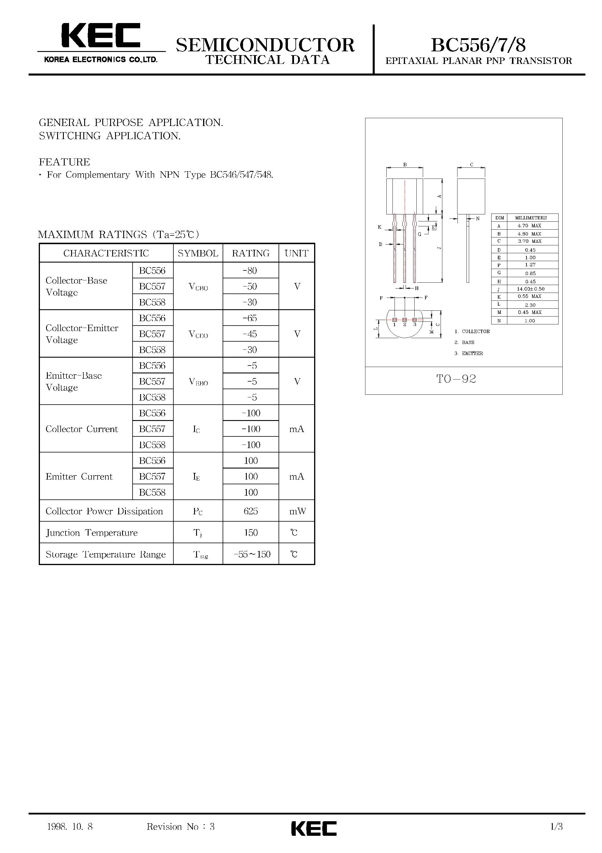 Даташит на микросхему BC558 страница 1 Даташит BC558 - EPITAXIAL PLANAR PNP TRANSISTOR (GENERAL PURPOSE/ SWITCHING) страница 1