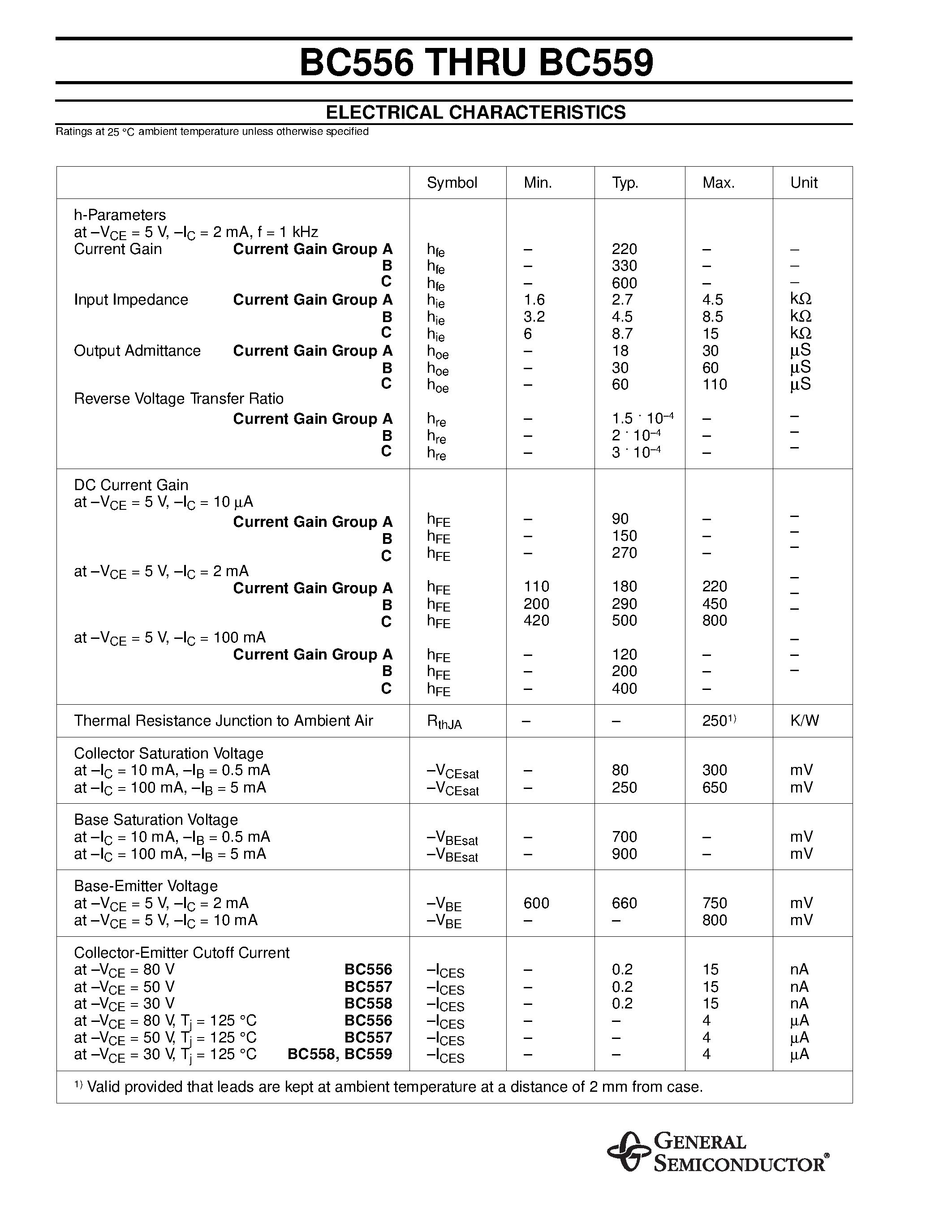 Даташит BC558 - Small Signal Transistors (PNP) страница 2