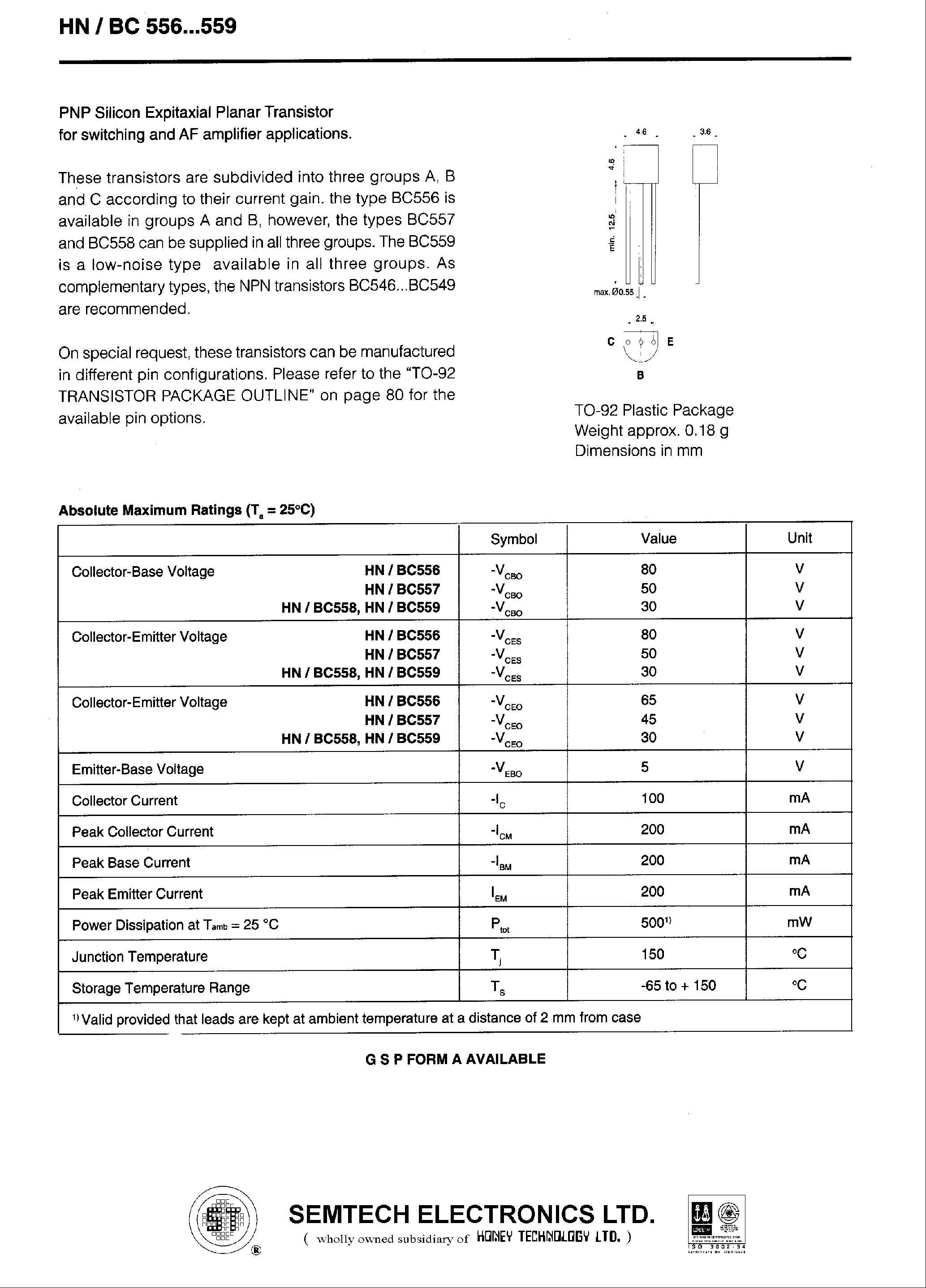 Даташит на микросхему BC558 страница 1 Даташит BC558 - PNP Silicon Epitaxial Planar Transistor for switching and AF applications страница 1