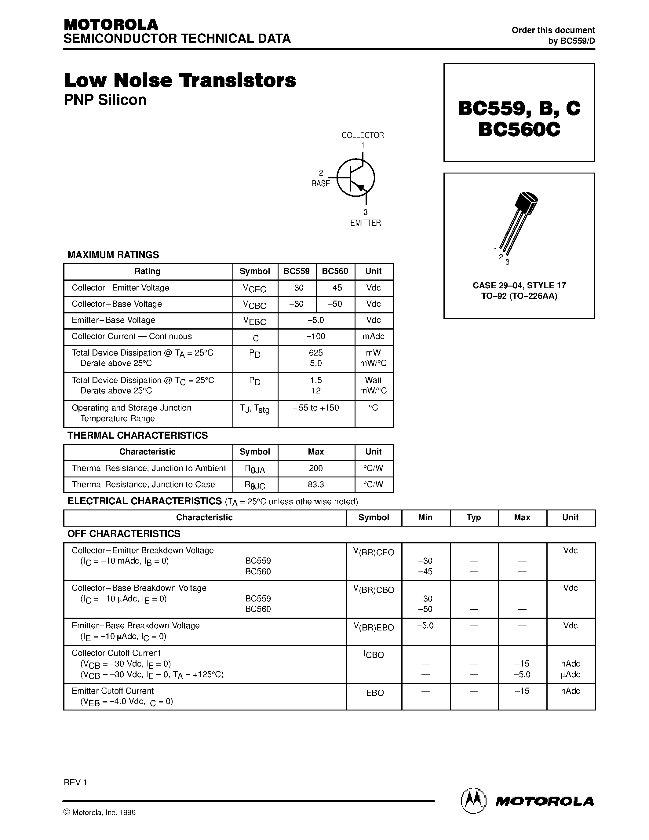 Даташит BC559 - Low Noise Transistors страница 1