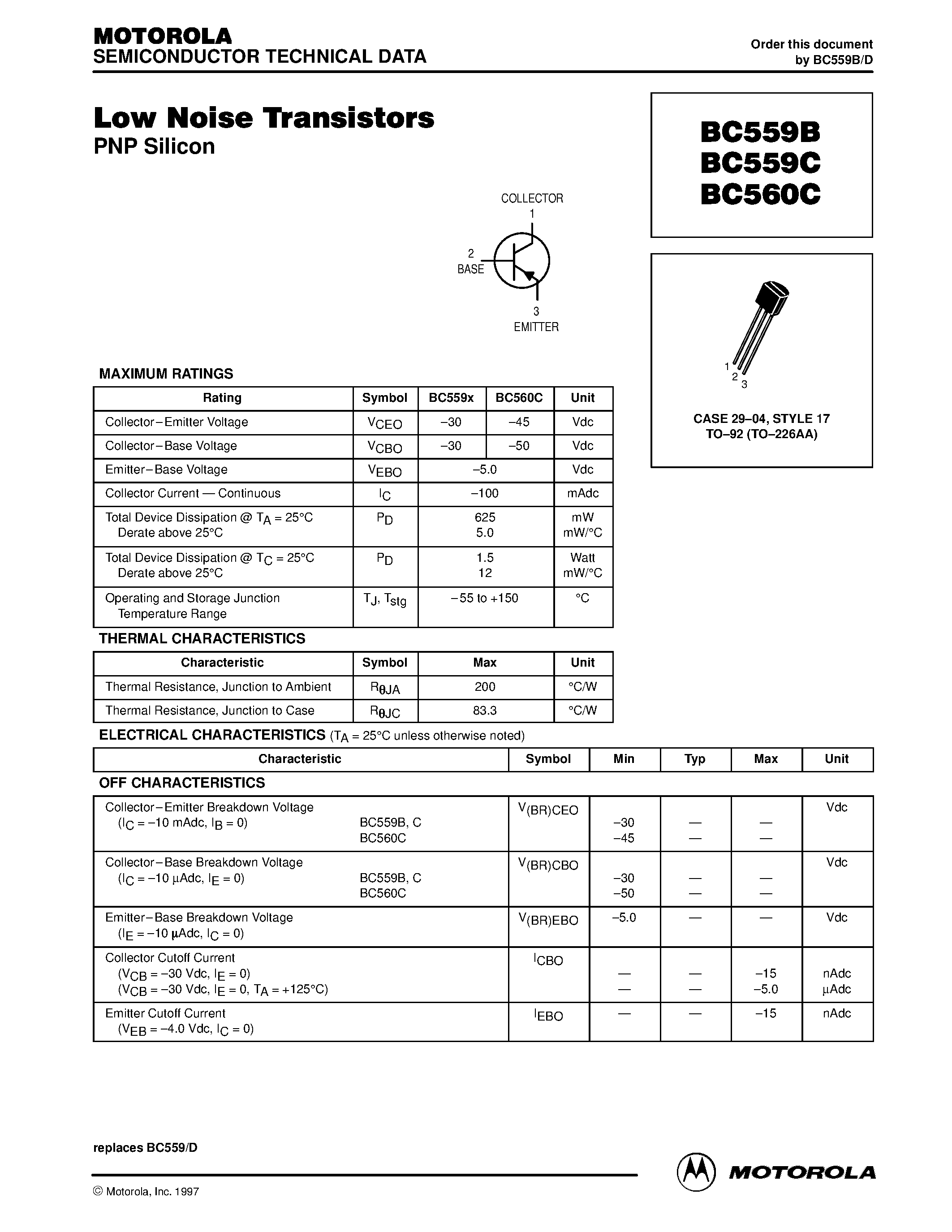Даташит BC560C - Low Noise Transistors страница 1