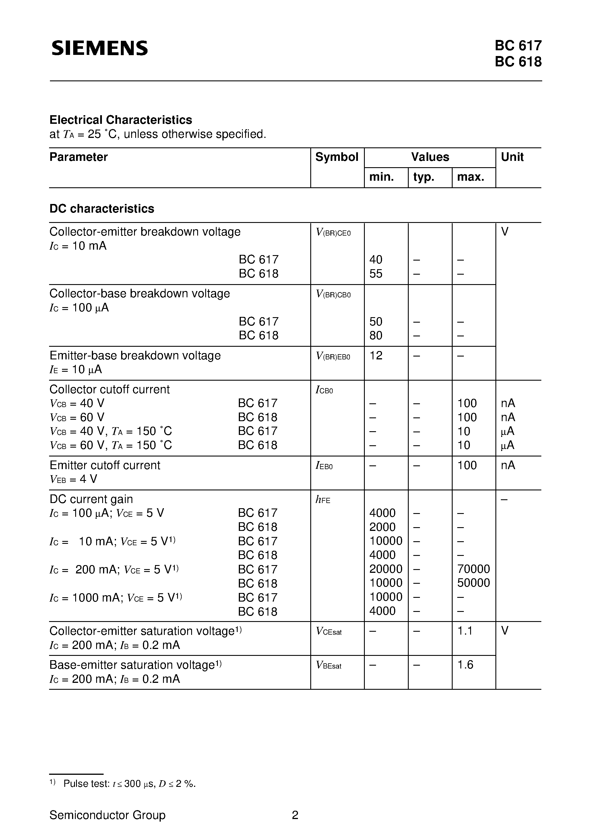 Даташит BC617 - NPN Silicon Darlington Transistors (High current gain High collector current) страница 2