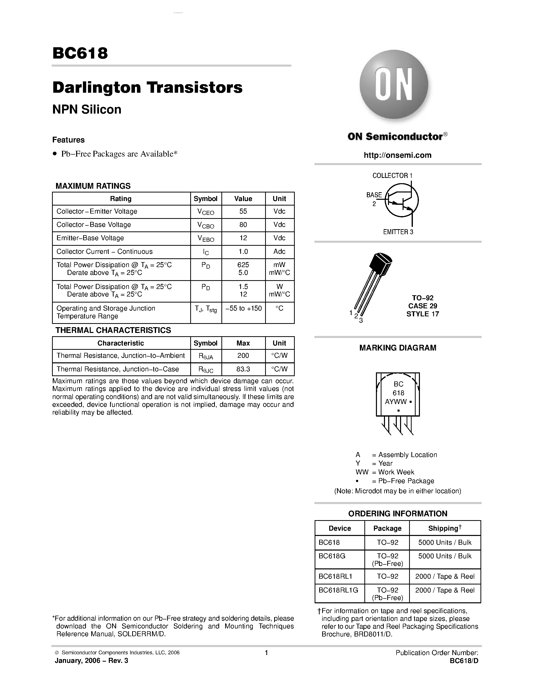 Даташит BC618 - Darlington Transistors(NPN Silicon) страница 1