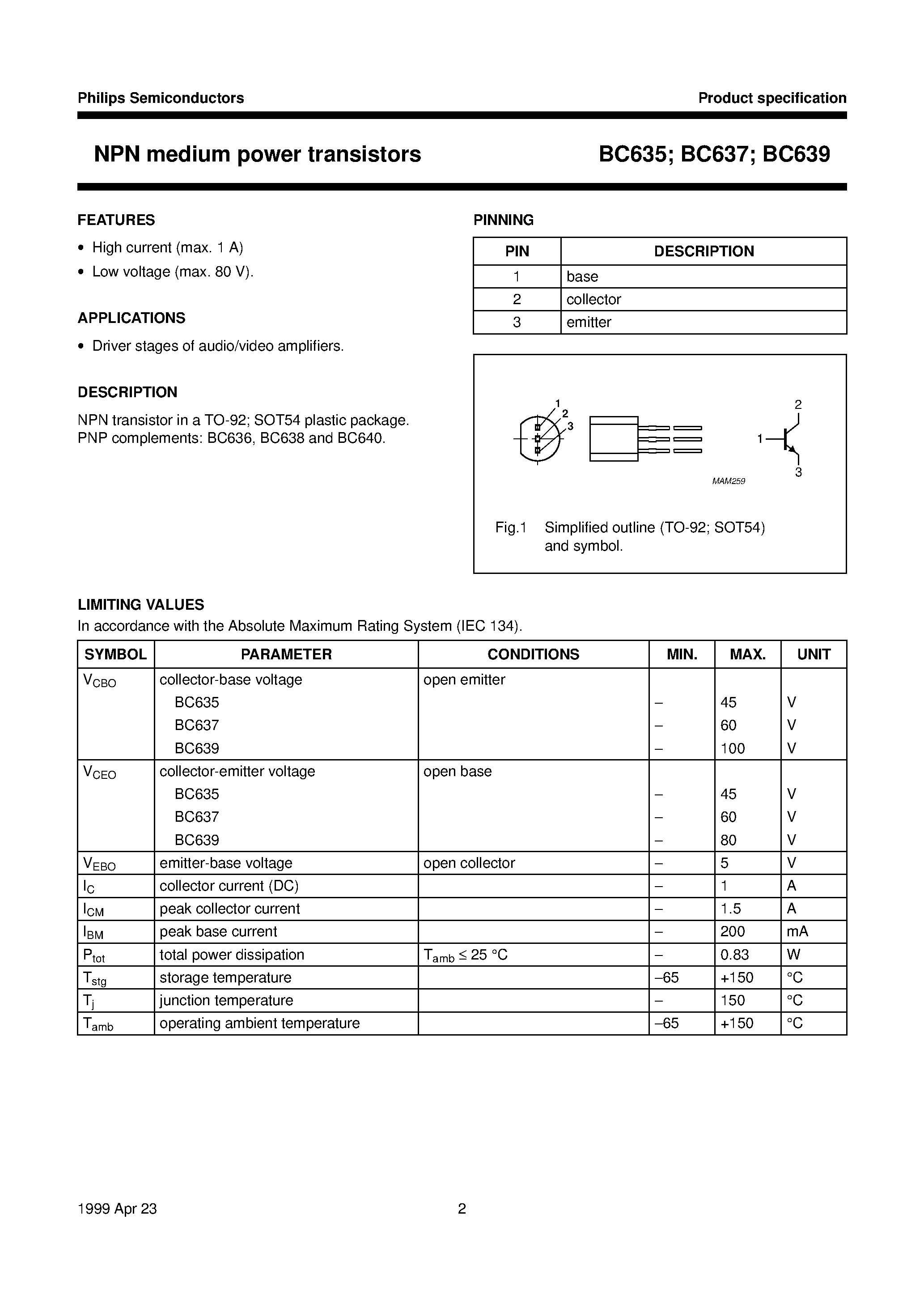 Даташит BC635 - NPN medium power transistors страница 2