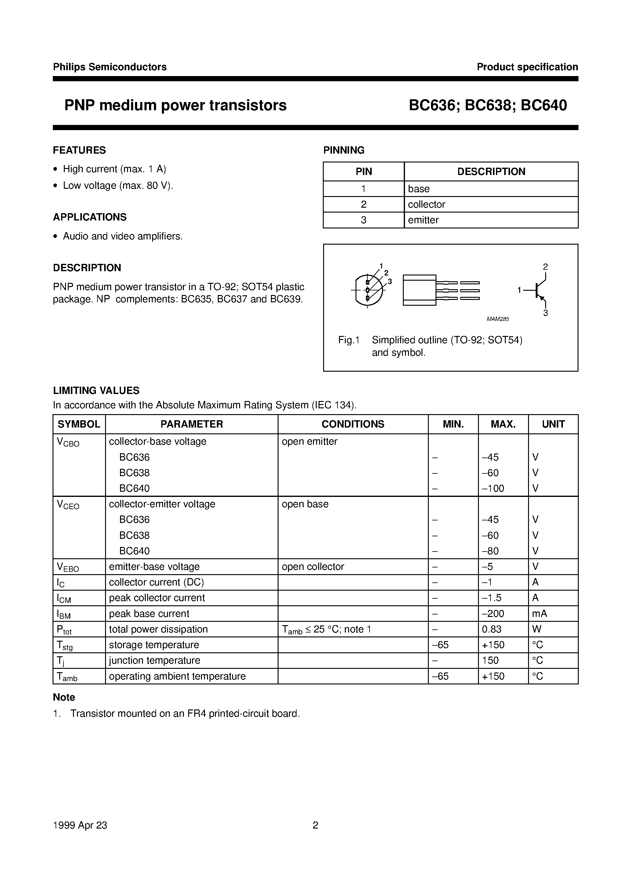 Даташит BC636 - PNP medium power transistors страница 2