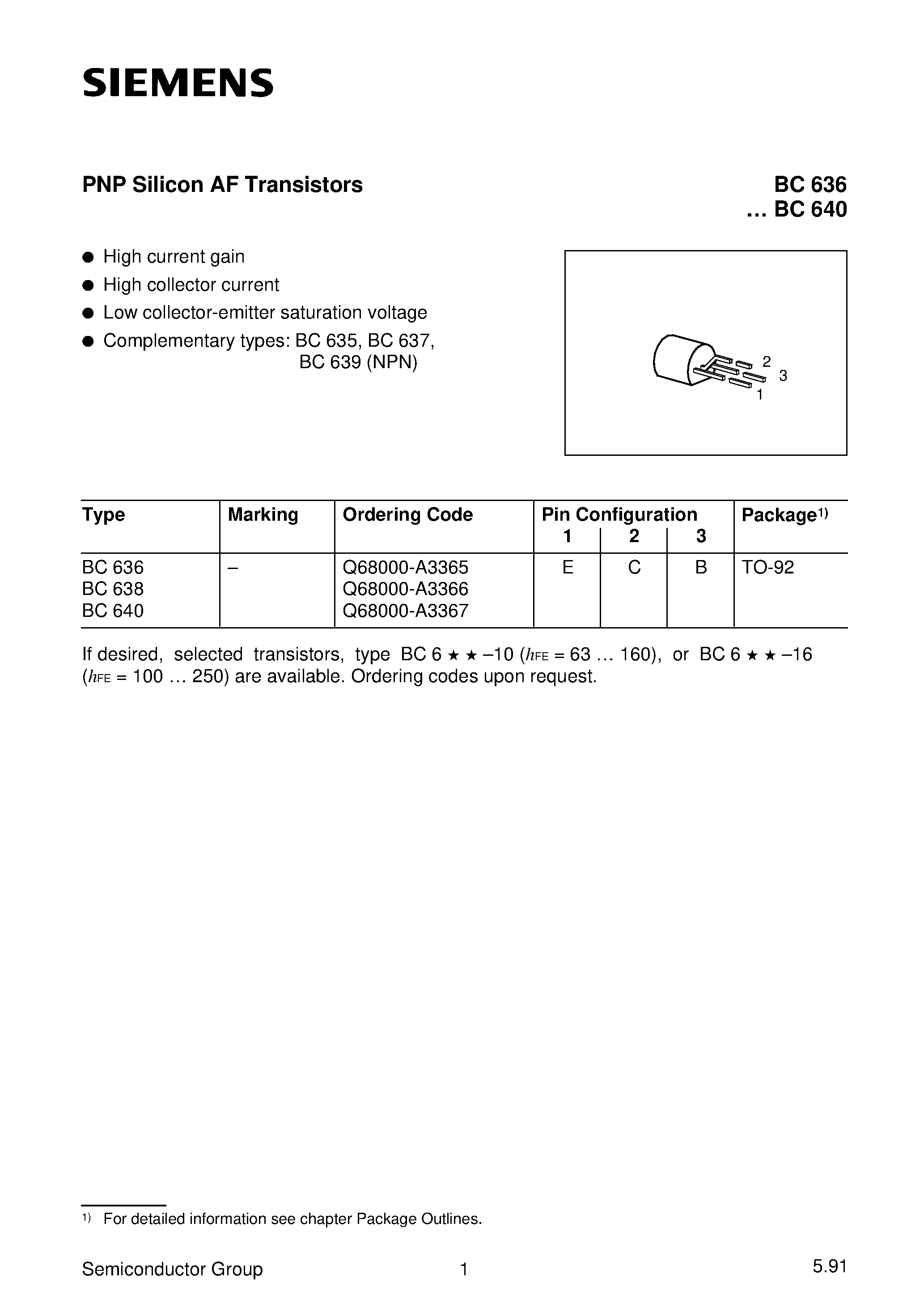 Даташит BC636 - PNP Silicon AF Transistors (High current gain High collector current) страница 1
