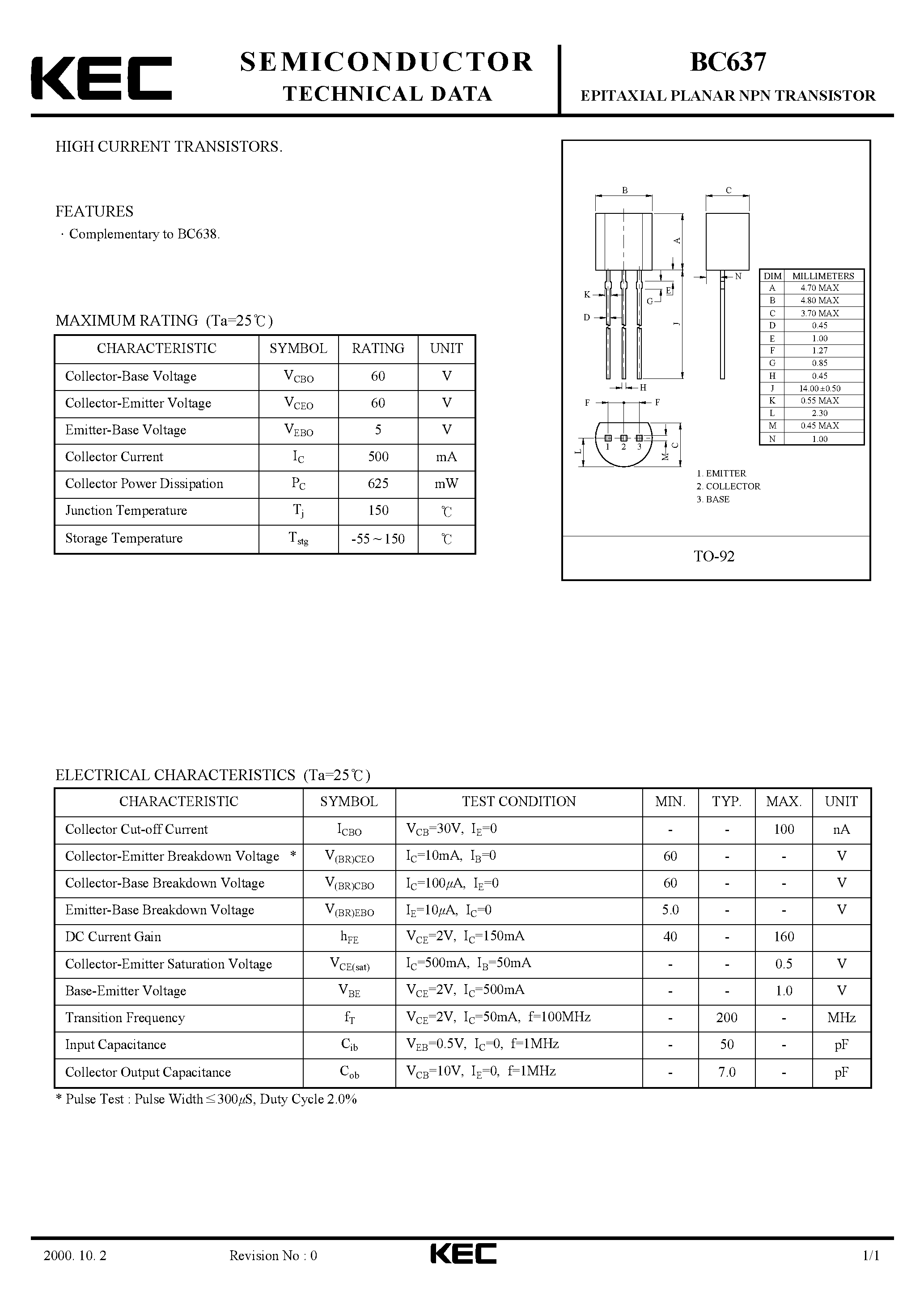 Даташит BC637 - EPITAXIAL PLANAR NPN TRANSISTOR(HIGH CURRENT TRANSISTORS) страница 1