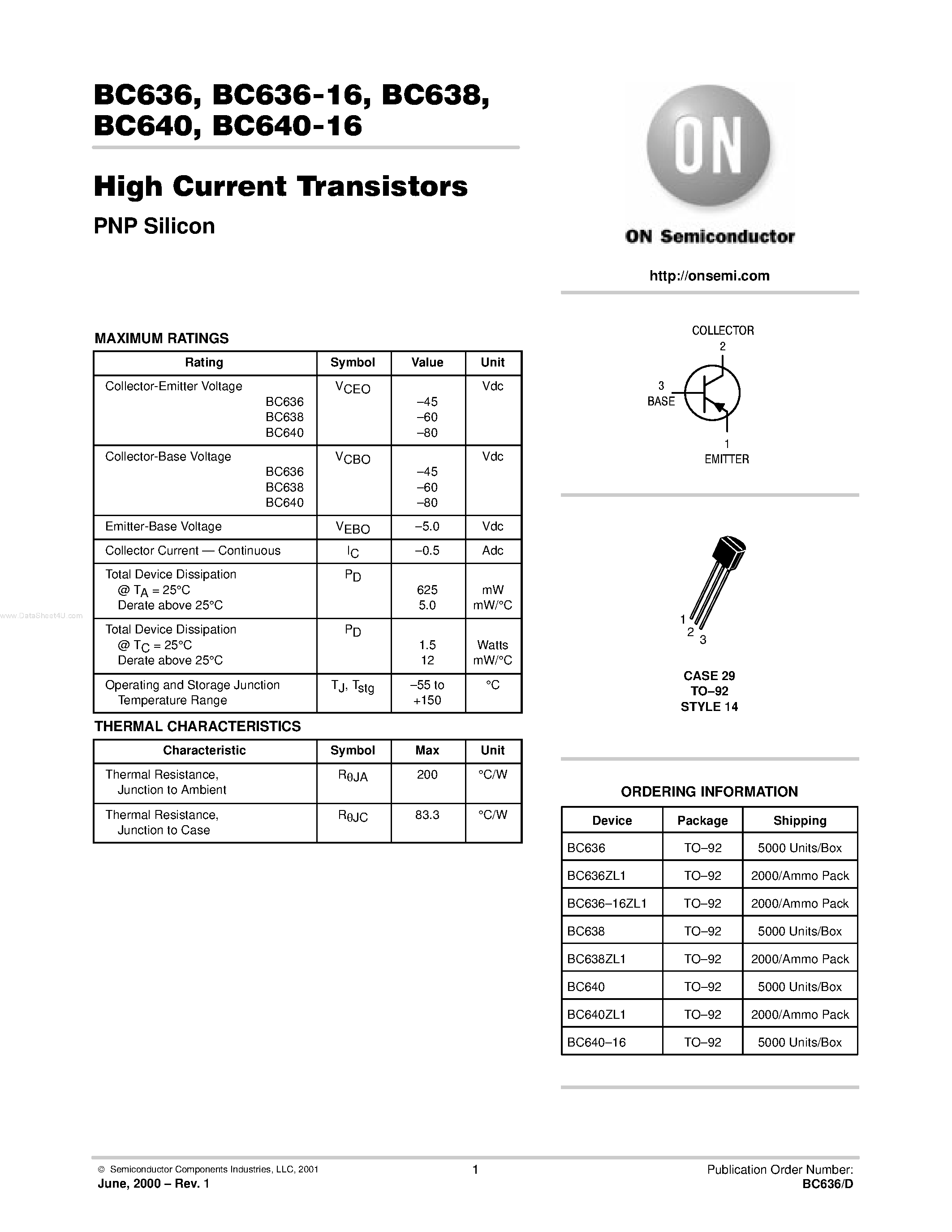 Даташит BC640 - High Current Transistors(PNP Silicon) страница 1