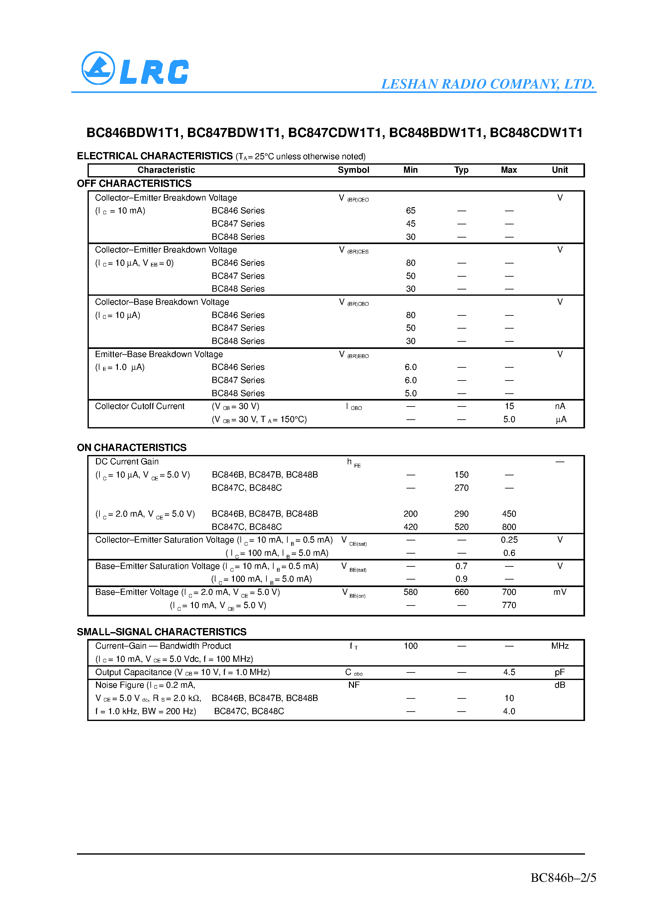 Даташит BC647BDW1T1 - Dual General Purpose Transistors(NPN Duals) страница 2