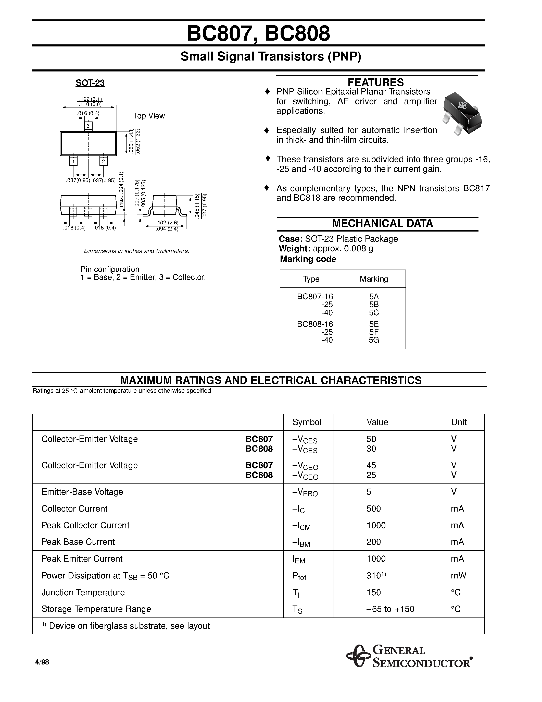 Даташит BC807 - Small Signal Transistors (PNP) страница 1