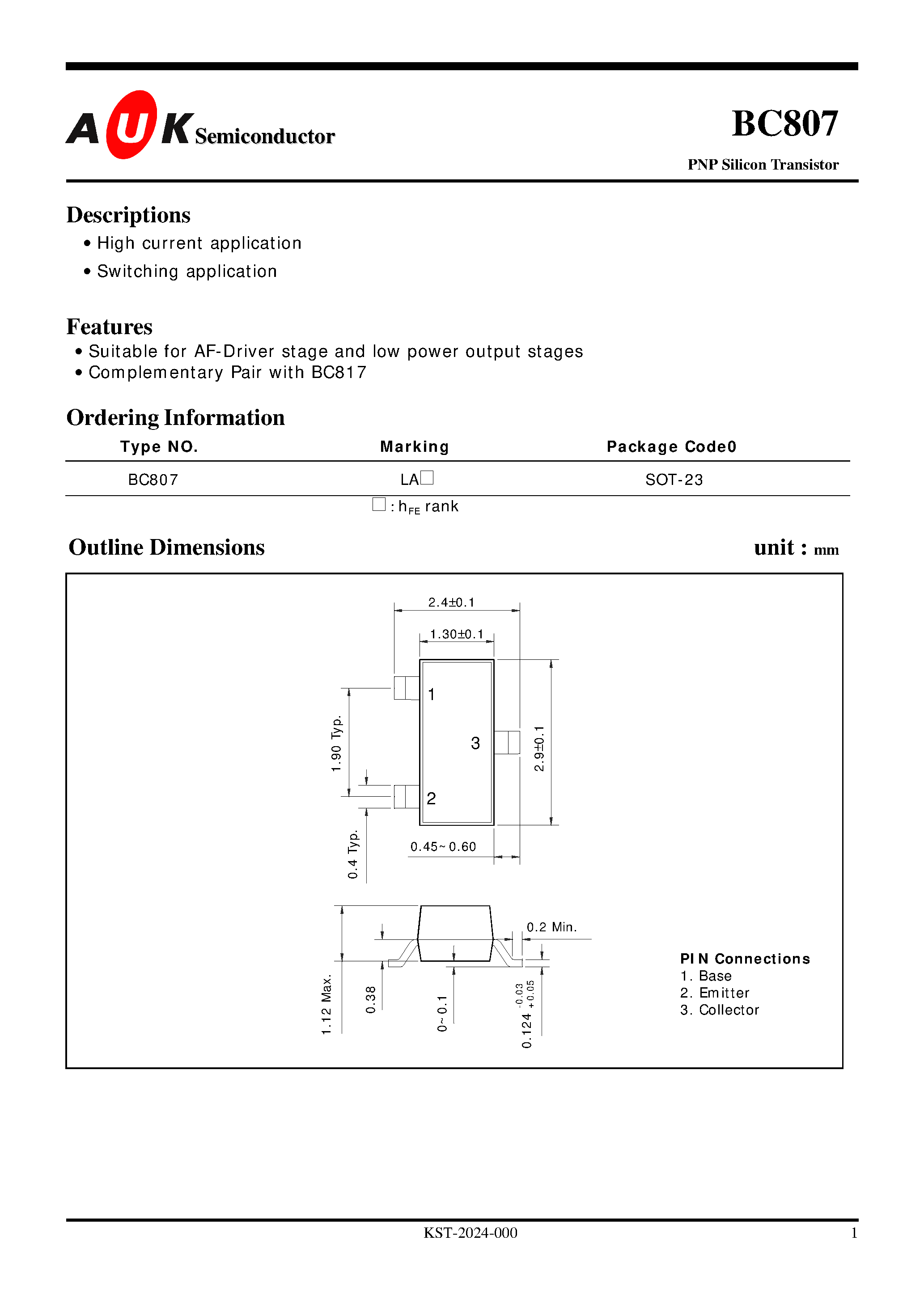 Даташит на микросхему BC807 страница 1 Даташит BC807 - PNP Silicon Transistor (High current application Switching application) страница 1