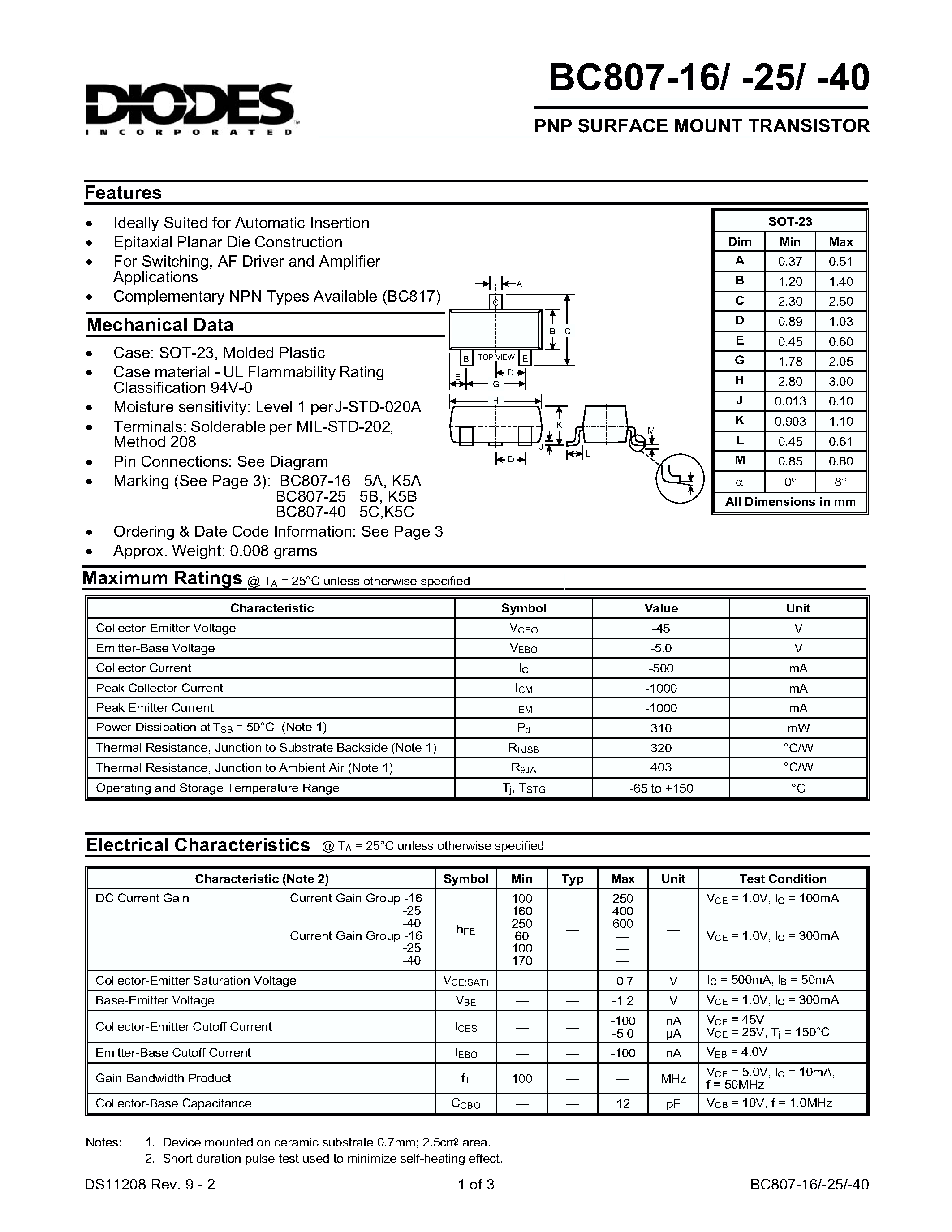 Datasheet BC807-16-7 - PNP SURFACE MOUNT TRANSISTOR page 1