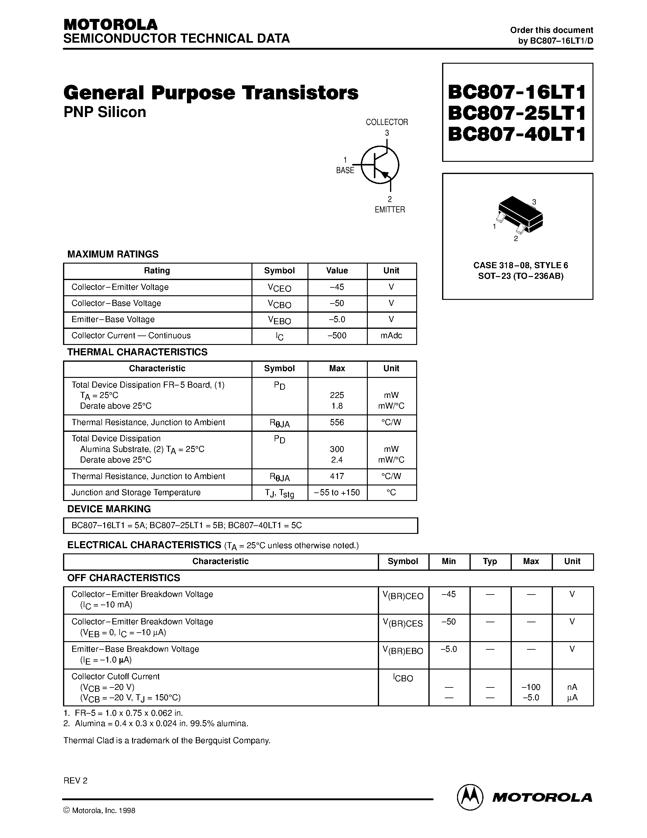Даташит BC807-16LT1 - General Purpose Transistors(PNP Silicon) страница 1