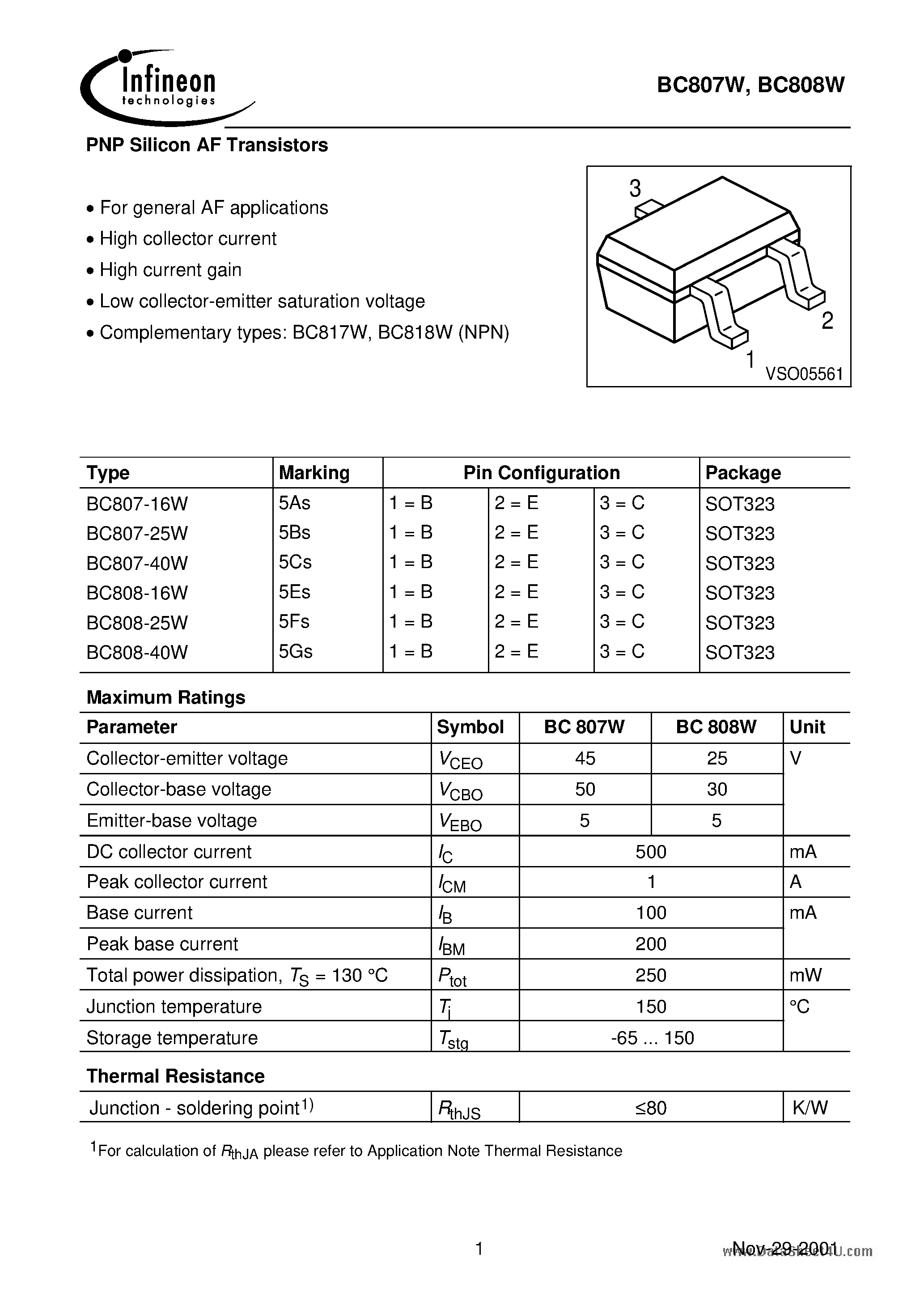 Даташит BC807-16W - PNP Silicon AF Transistors страница 1