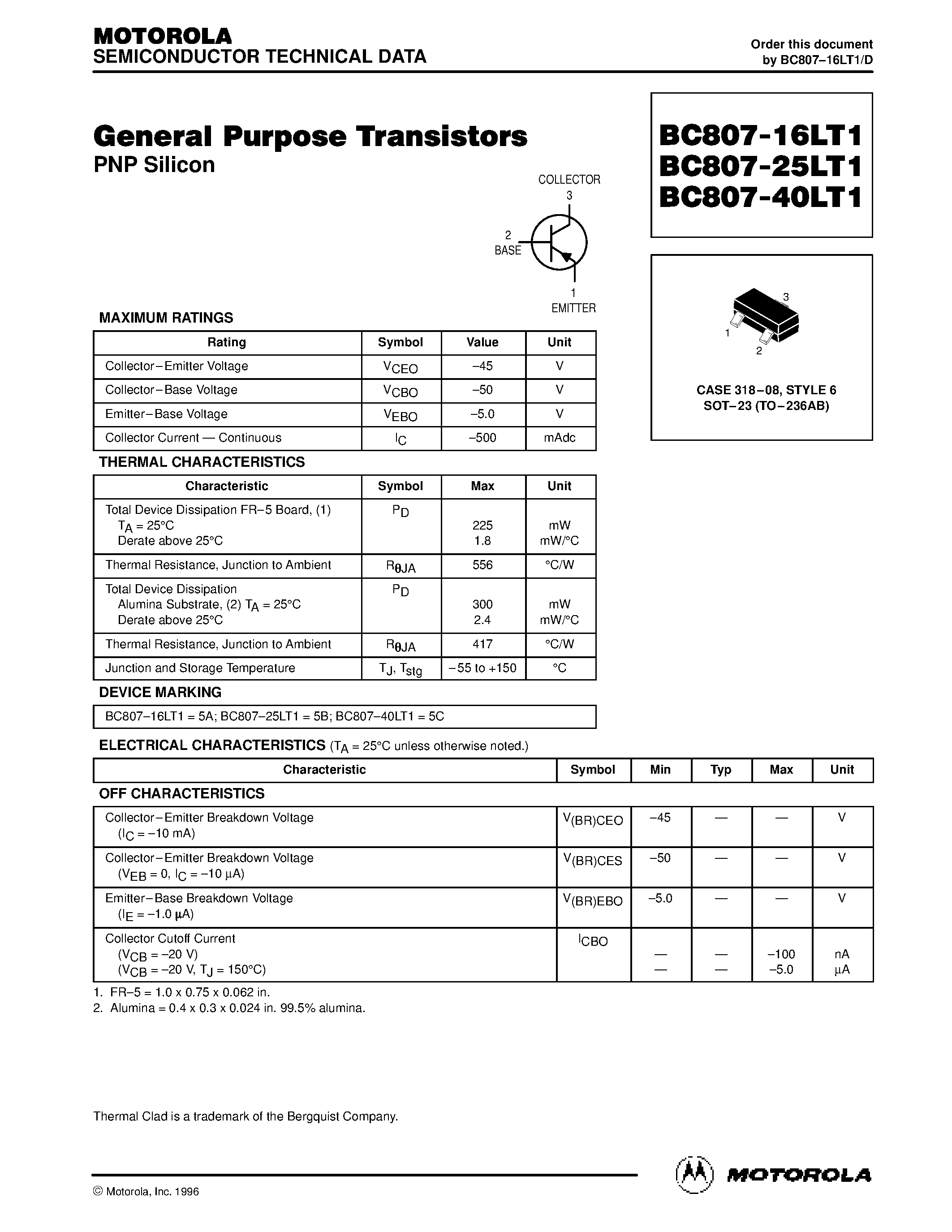 Даташит BC807-40LT1 - General Purpose Transistors страница 1
