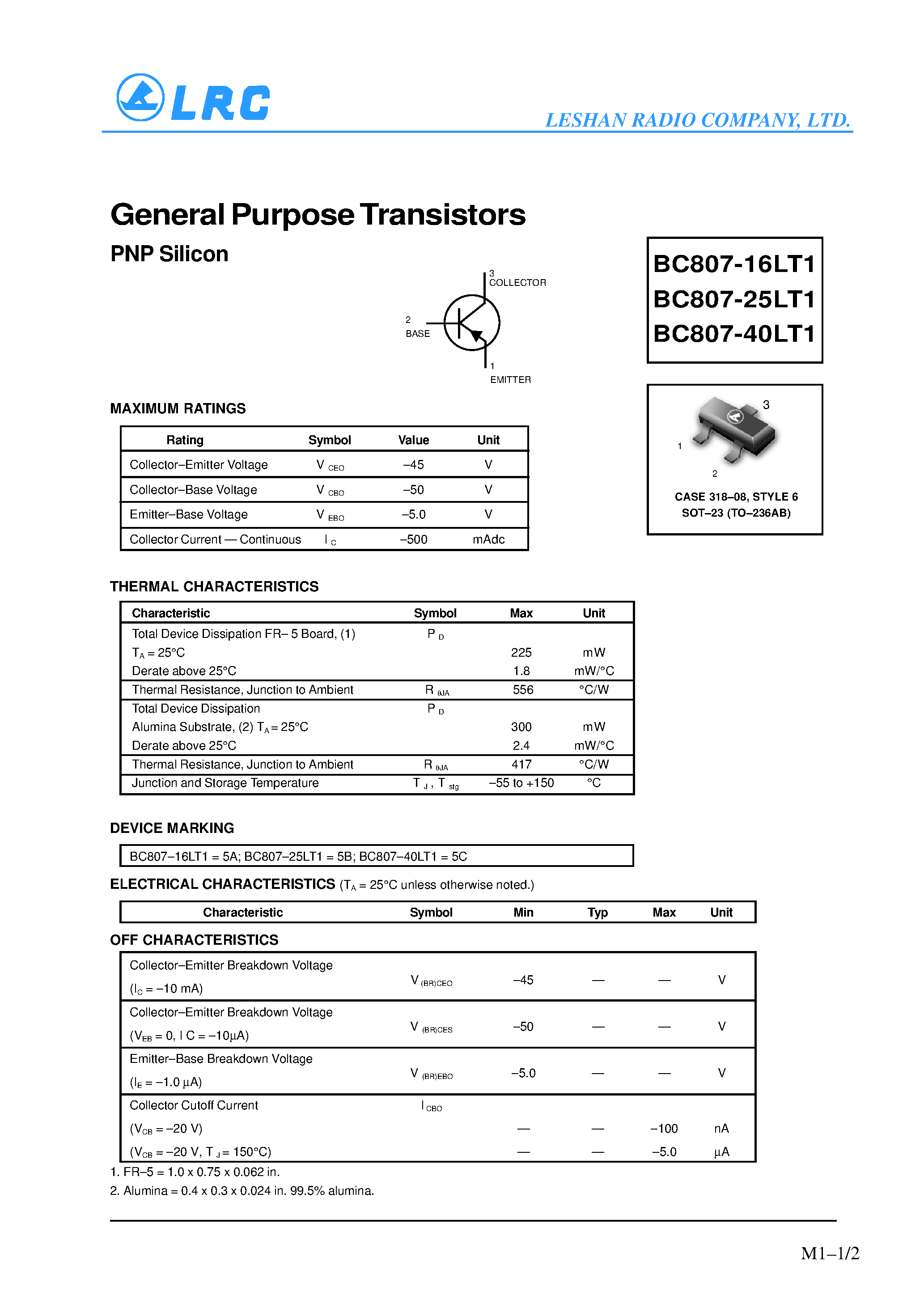 Даташит BC807-40LT1 - General Purpose Transistors(PNP Silicon) страница 1
