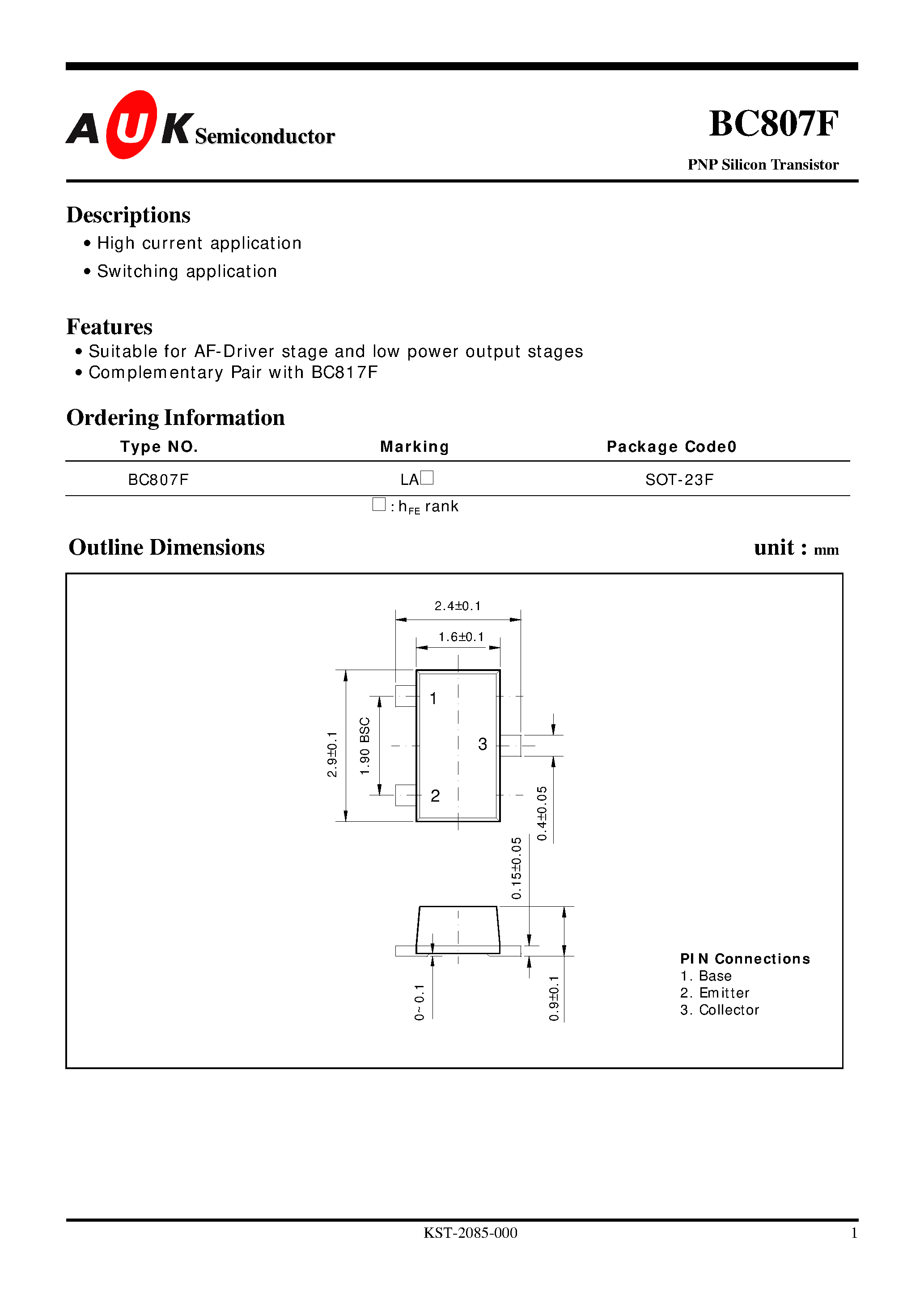 Даташит на микросхему BC807F страница 1 Даташит BC807F - PNP Silicon Transistor (High current application Switching application) страница 1