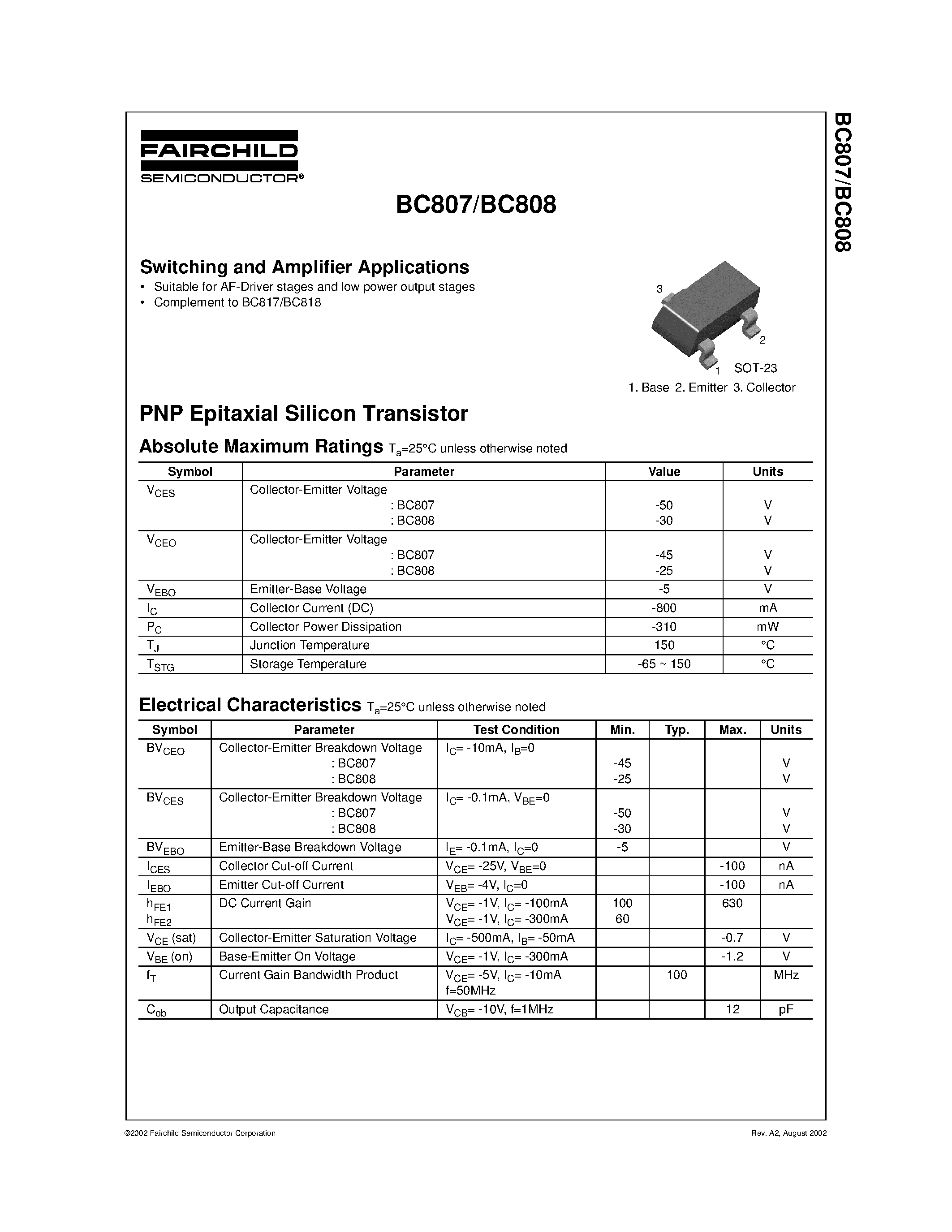 Даташит на микросхему BC808 страница 1 Даташит BC808 - Switching and Amplifier Applications страница 1