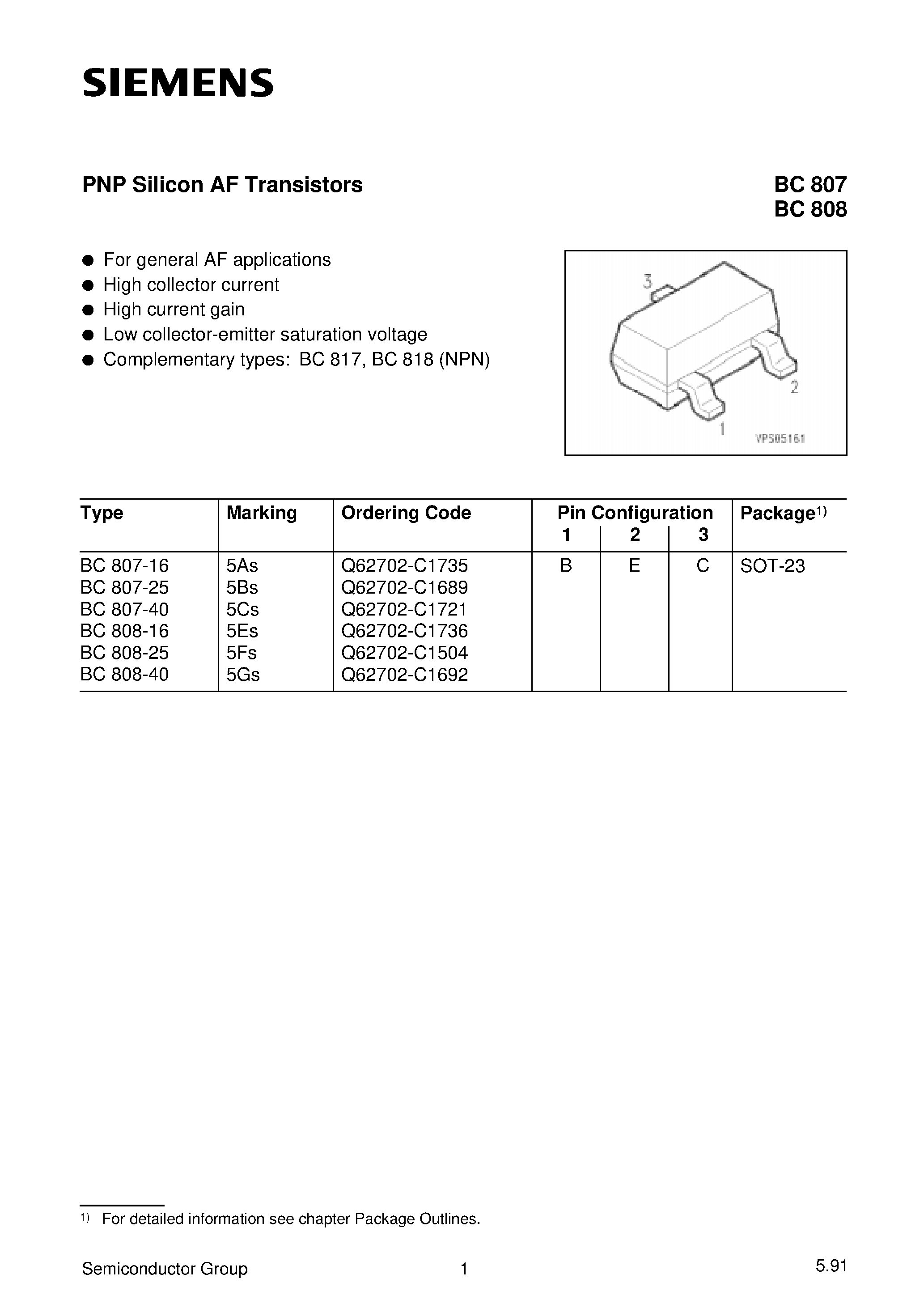 Даташит BC808-25 - PNP Silicon AF Transistors (For general AF applications High collector current High current gain) страница 1