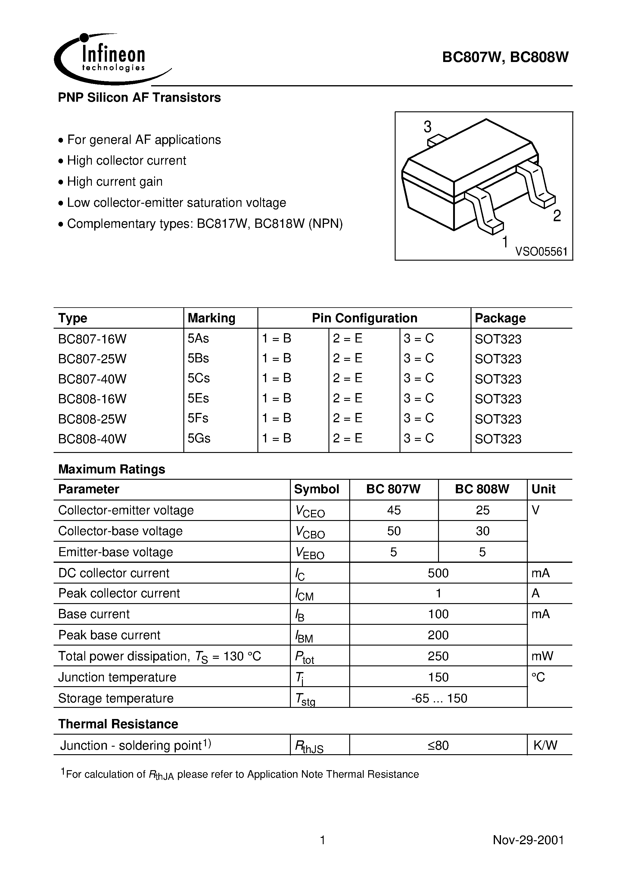 Даташит BC808W - PNP Silicon AF Transistors страница 1