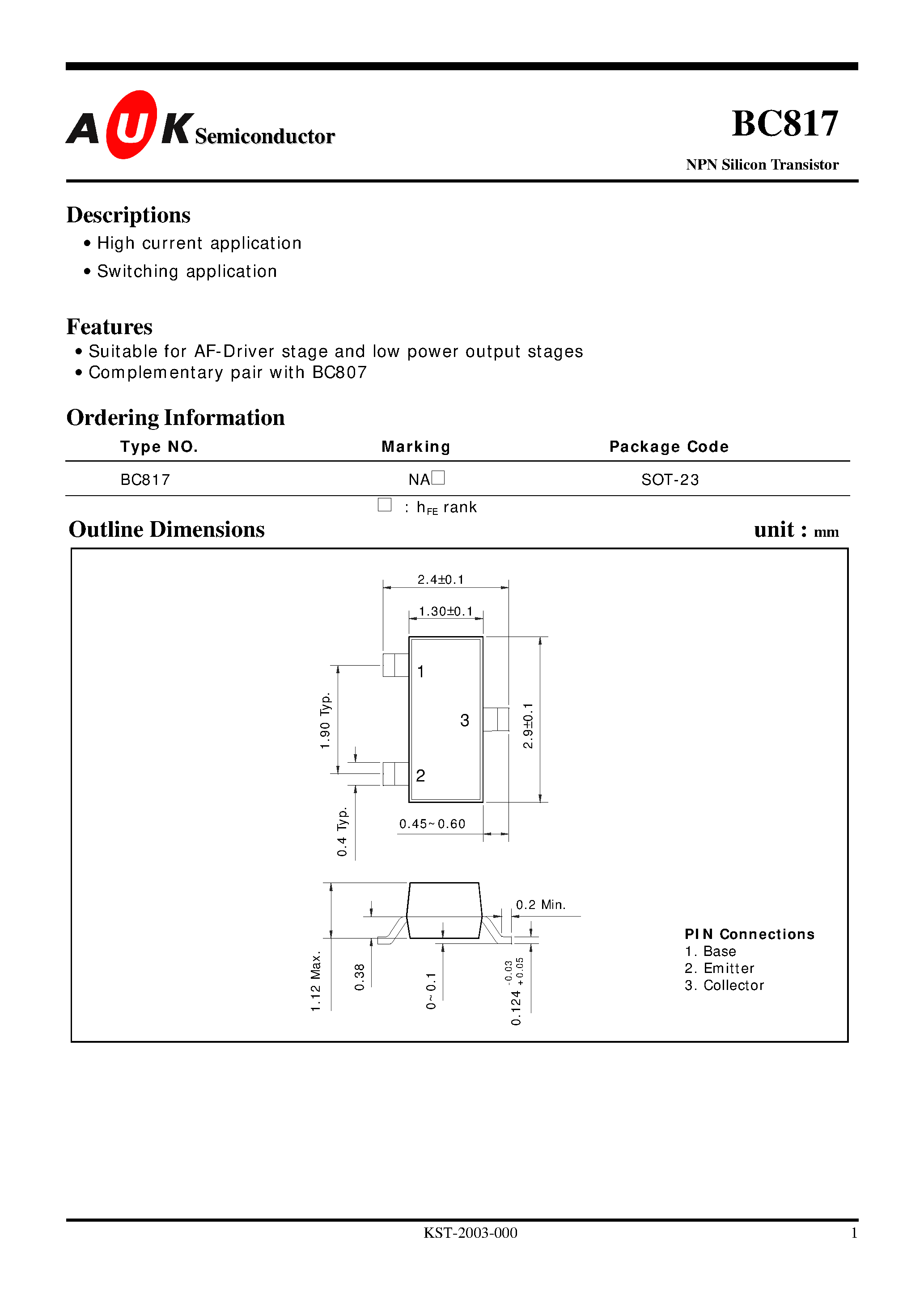 Даташит на микросхему BC817 страница 1 Даташит BC817 - NPN Silicon Transistor (High current application Switching application) страница 1
