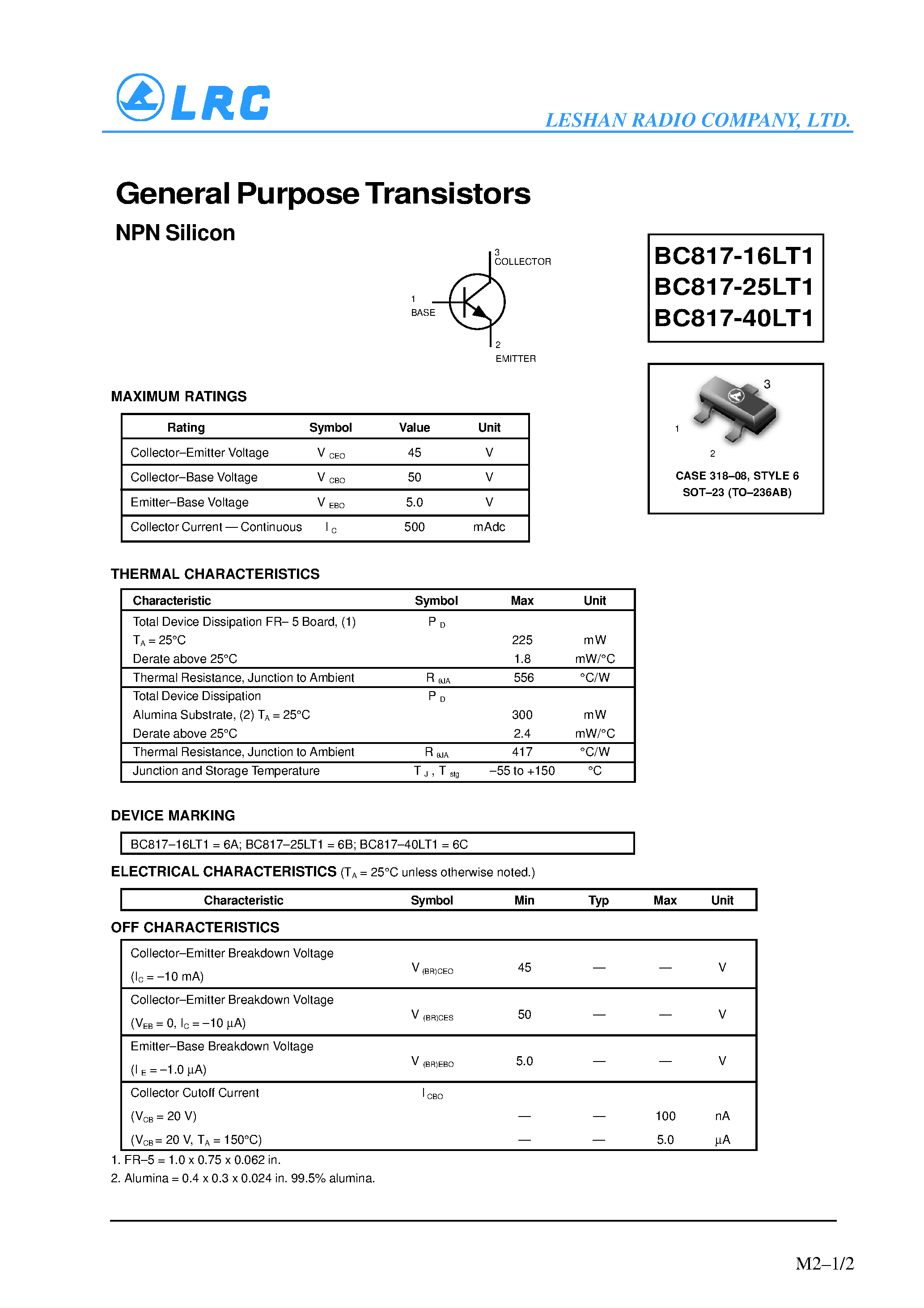 Даташит BC817-25LT1 - General Purpose Transistors(NPN Silicon) страница 1