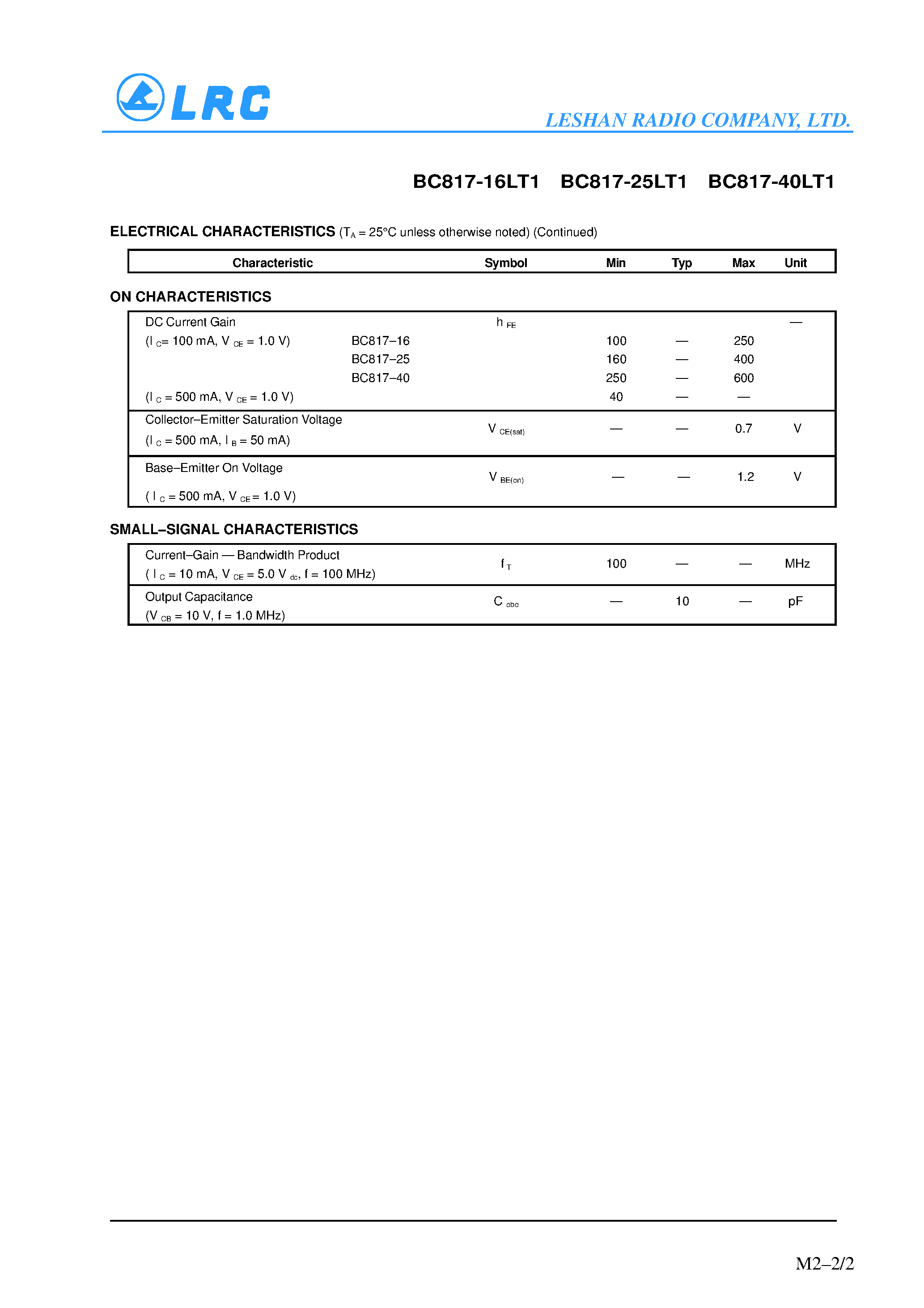 Даташит BC817-25LT1 - General Purpose Transistors(NPN Silicon) страница 2