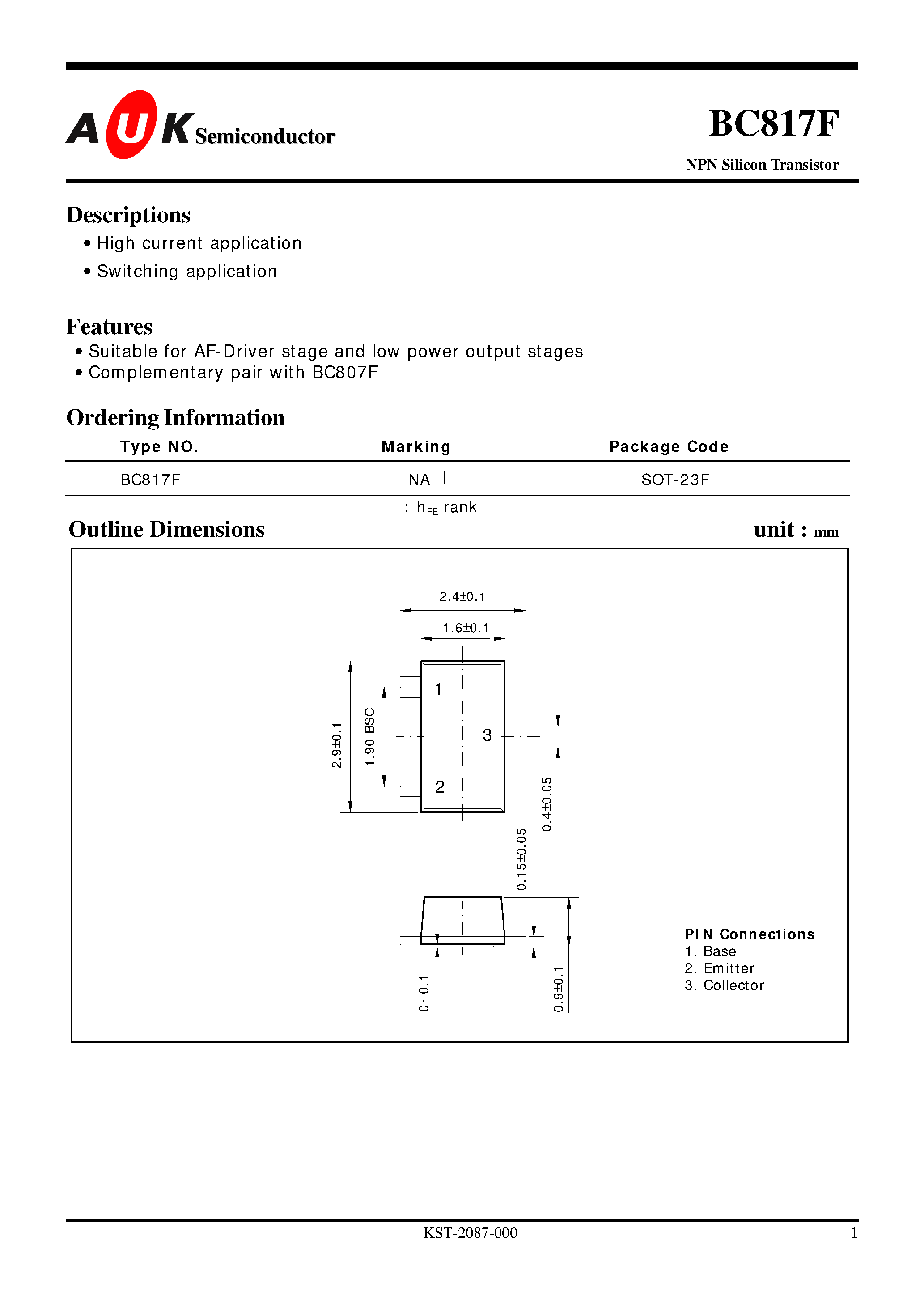 Даташит на микросхему BC817F страница 1 Даташит BC817F - NPN Silicon Transistor (High current application Switching application) страница 1