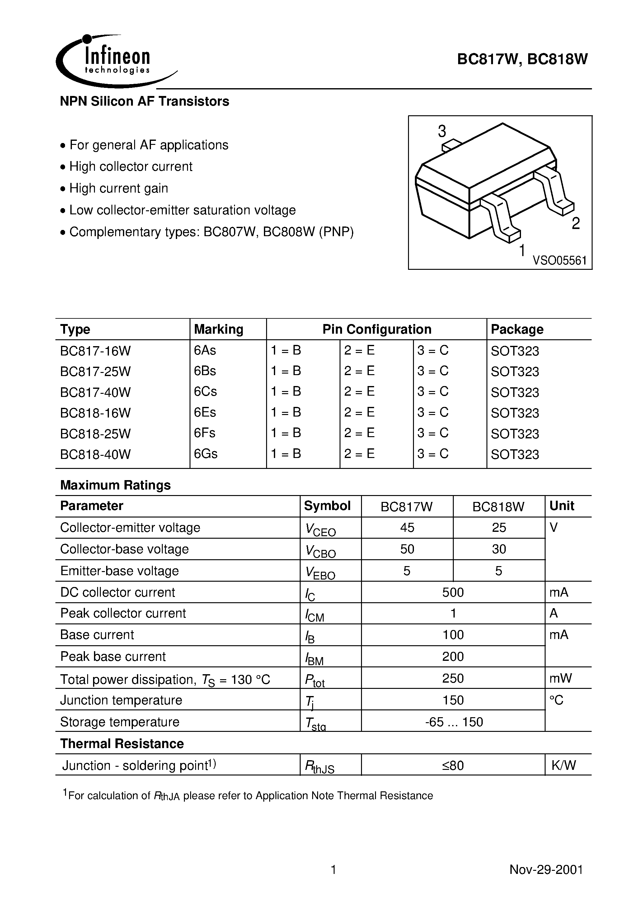 Даташит BC818-16W - NPN Silicon AF Transistors страница 1