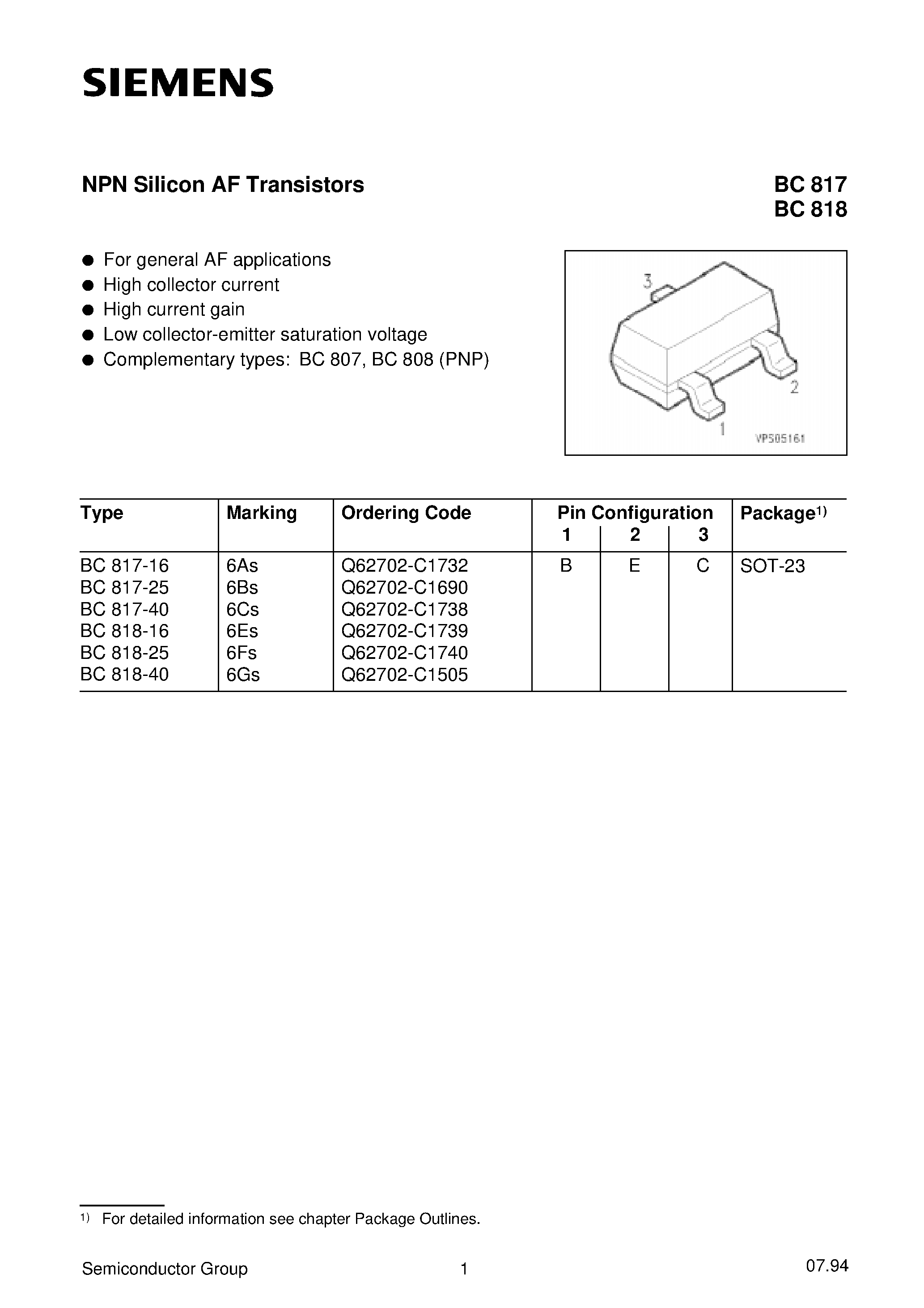 Даташит BC818-40 - NPN Silicon AF Transistors страница 1