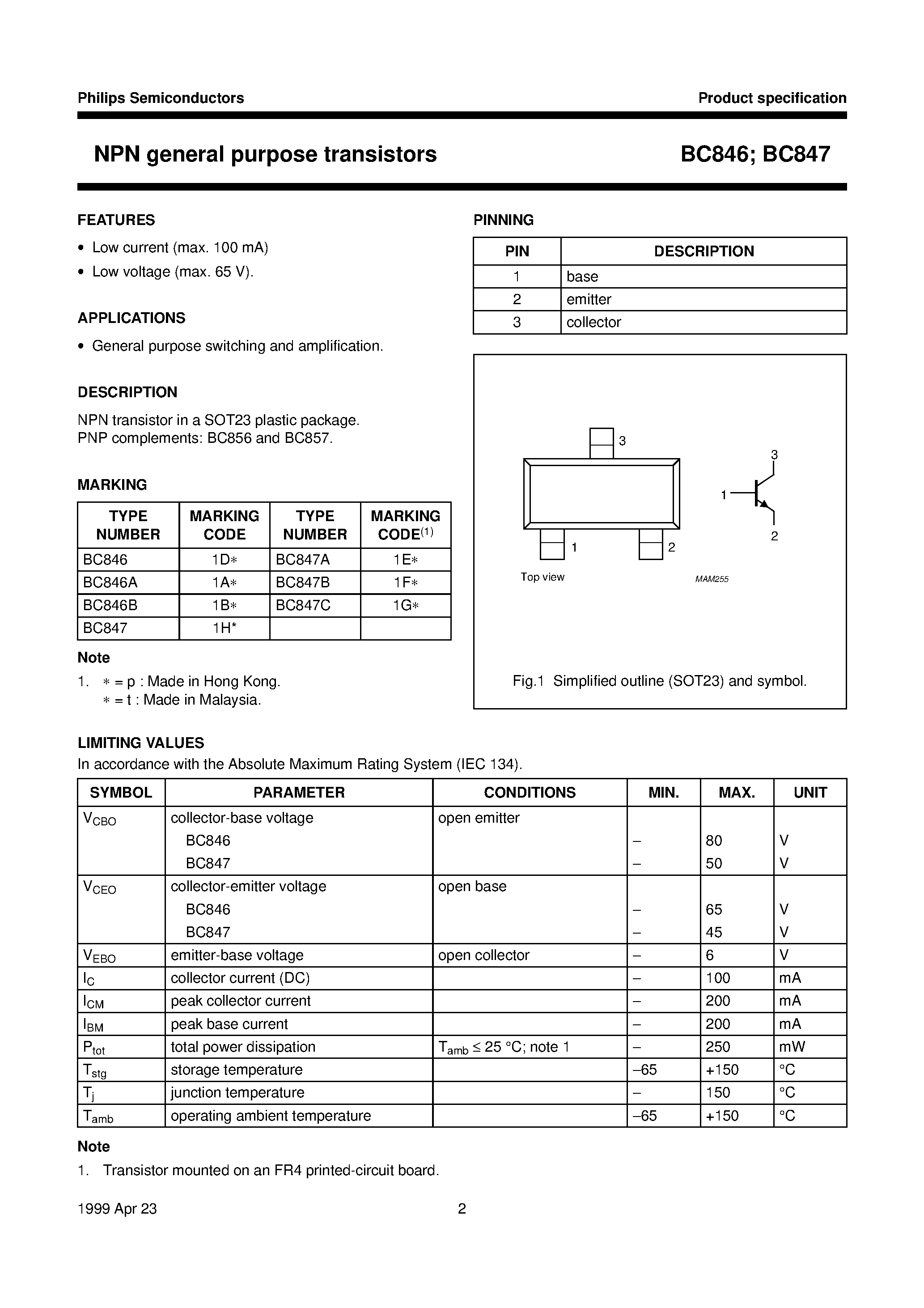 Даташит BC846 - NPN general purpose transistors страница 2
