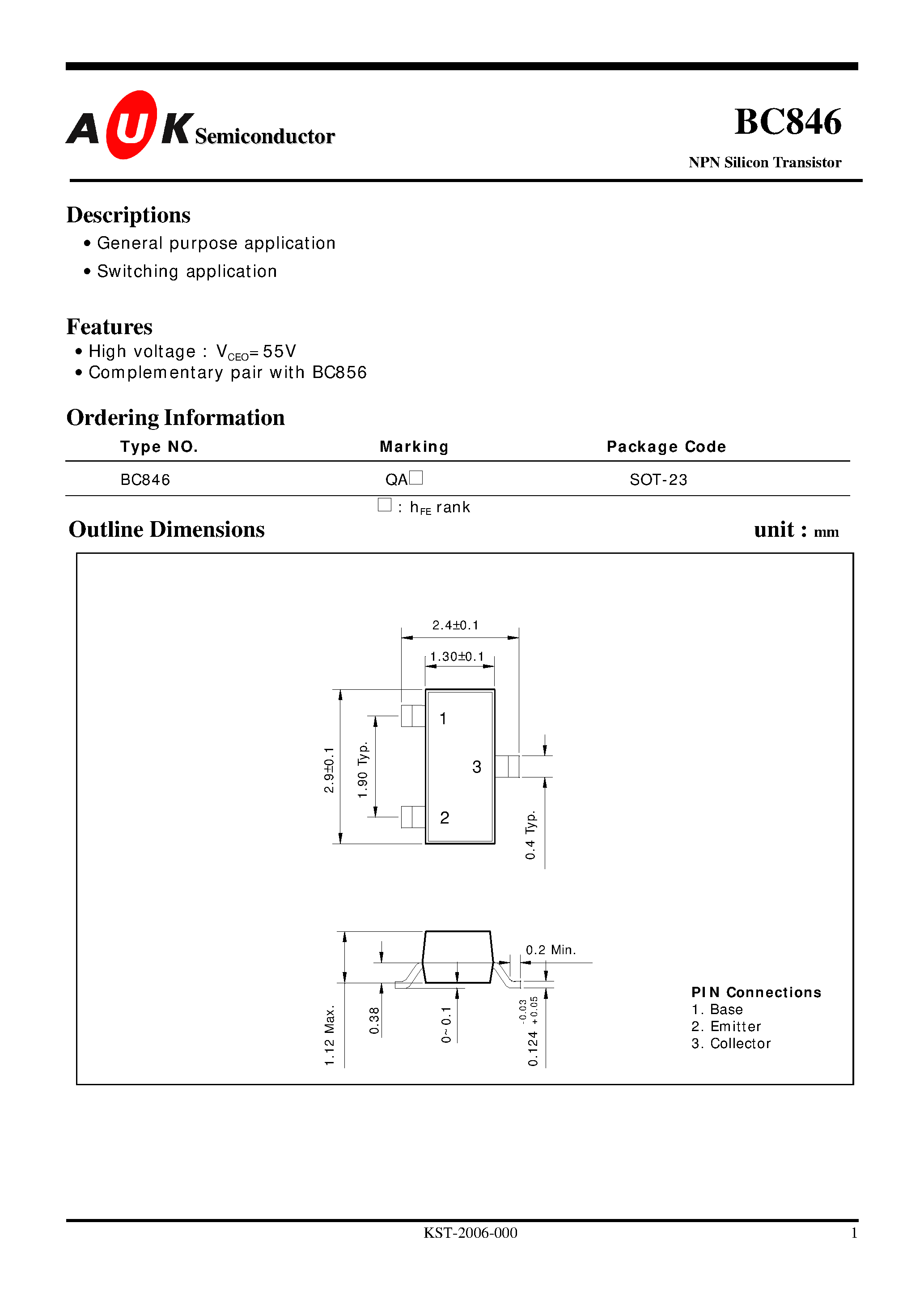 Даташит на микросхему BC846 страница 1 Даташит BC846 - NPN Silicon Transistor (General purpose application Switching application) страница 1