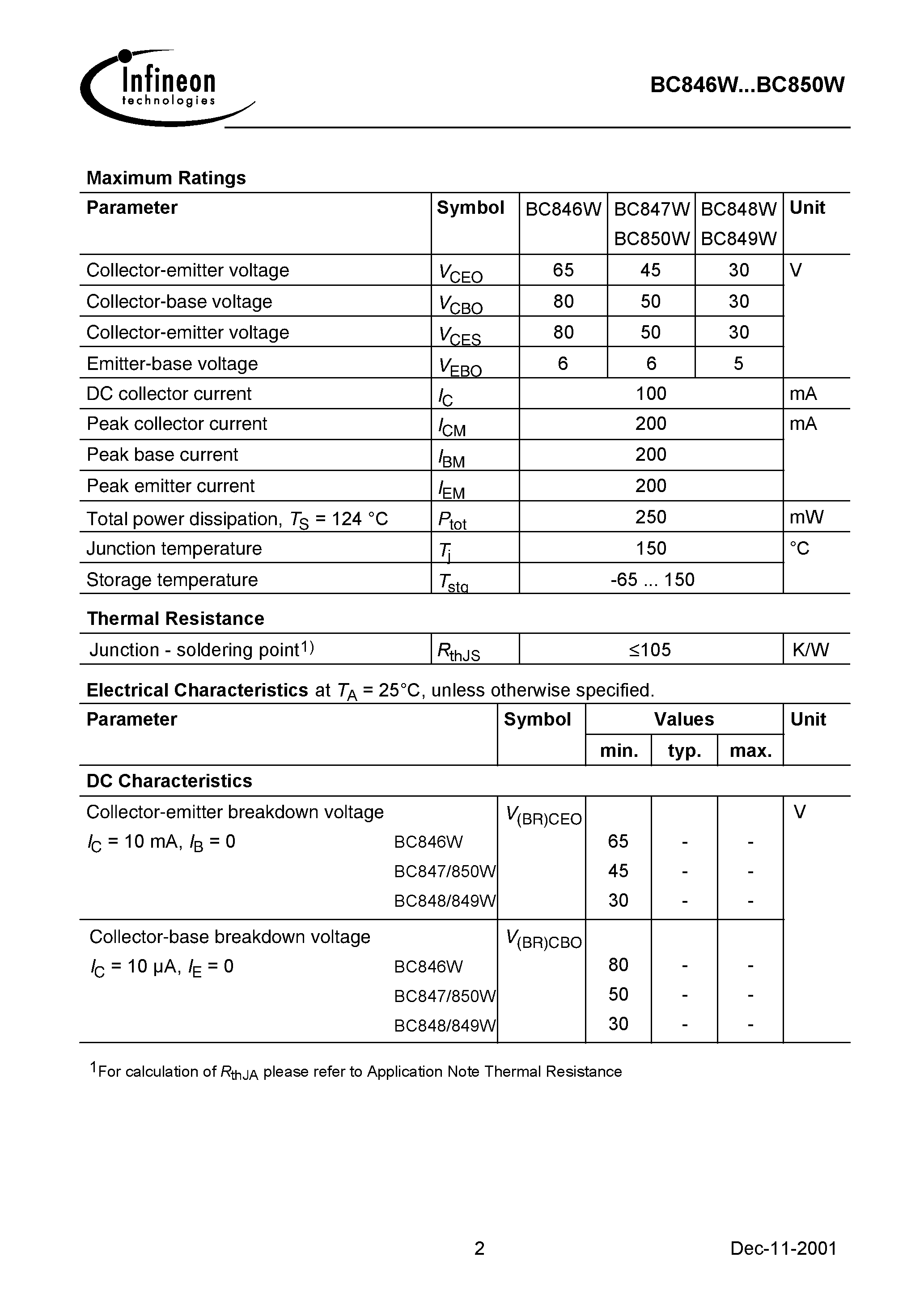Даташит BC846BW - NPN Silicon AF Transistors страница 2