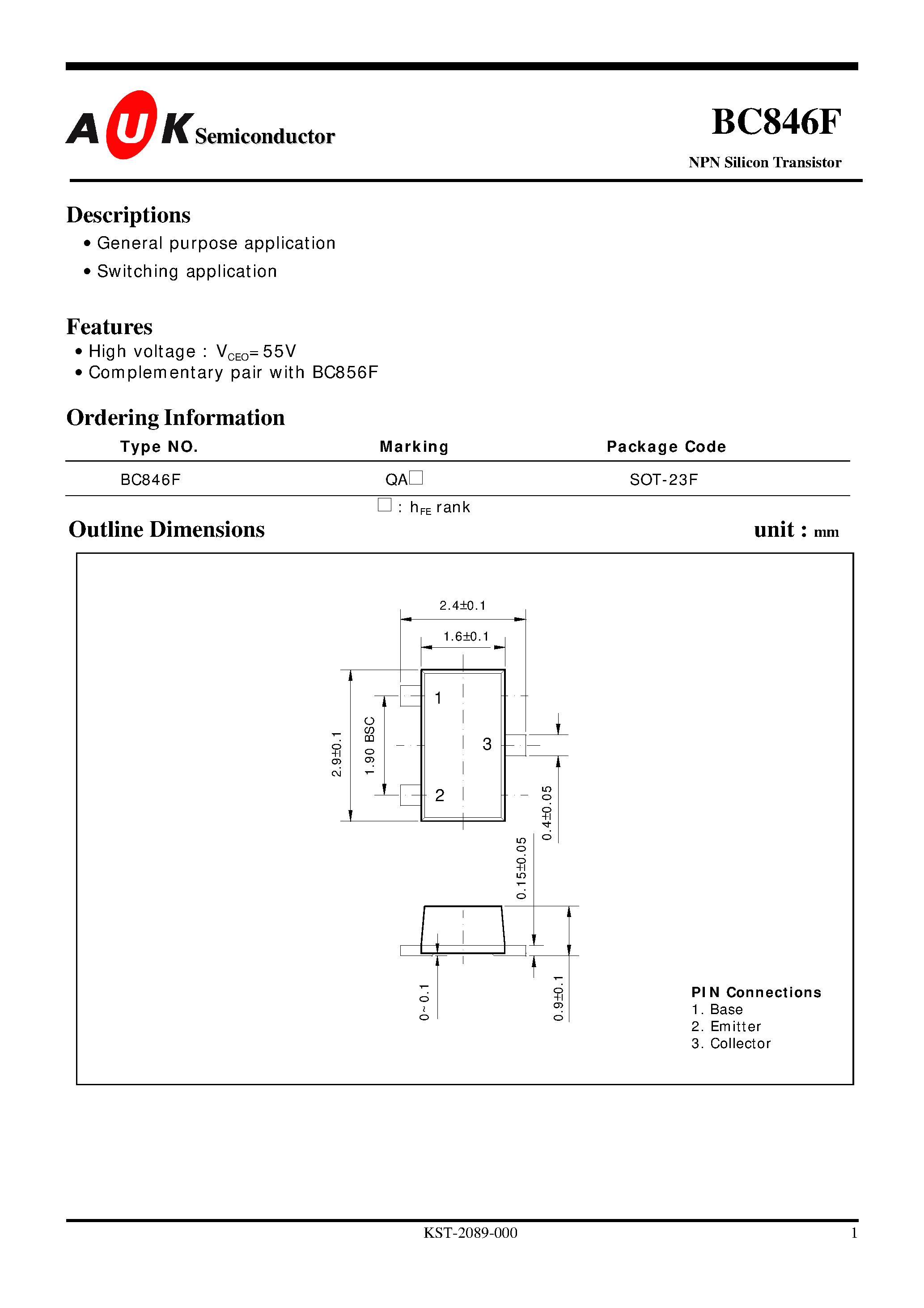 Даташит на микросхему BC846F страница 1 Даташит BC846F - NPN Silicon Transistor (General purpose application Switching application) страница 1