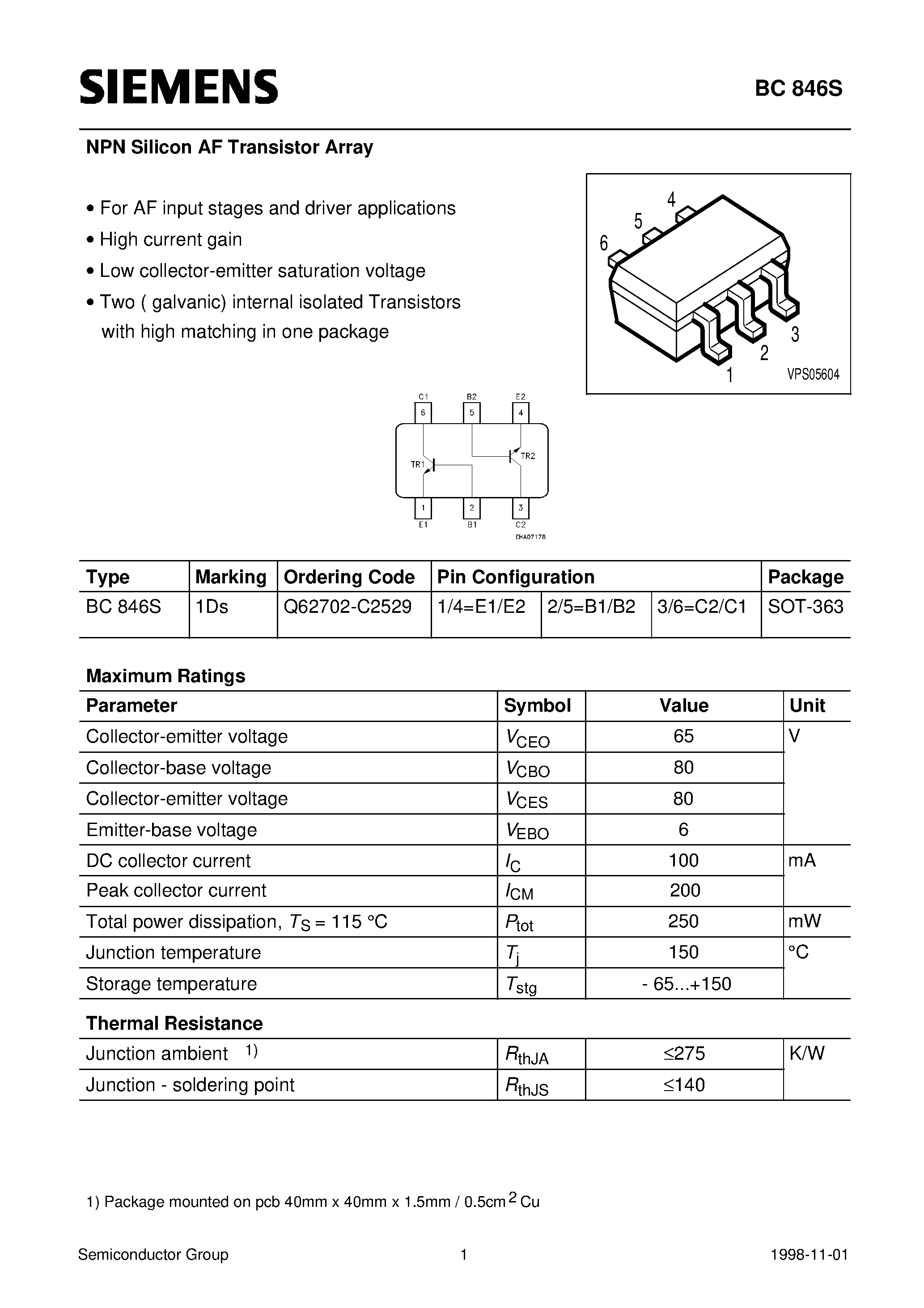 Datasheet BC846S - NPN Silicon AF Transistor Array (For AF input stages and driver applications High current gain) page 1